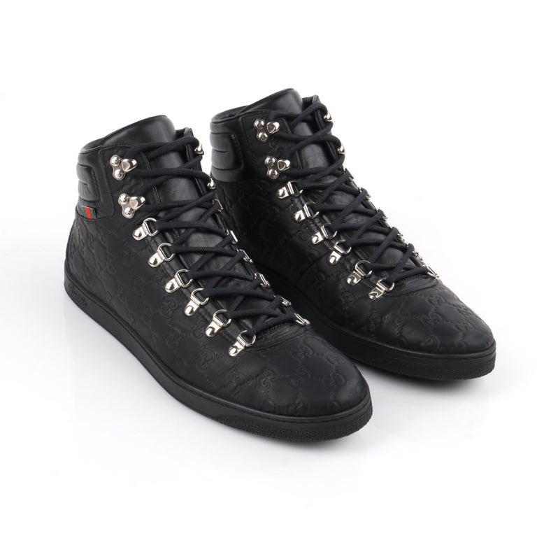 GUCCI Guccissima Black Leather Monogram Lace Up High Top Sneakers at  1stDibs