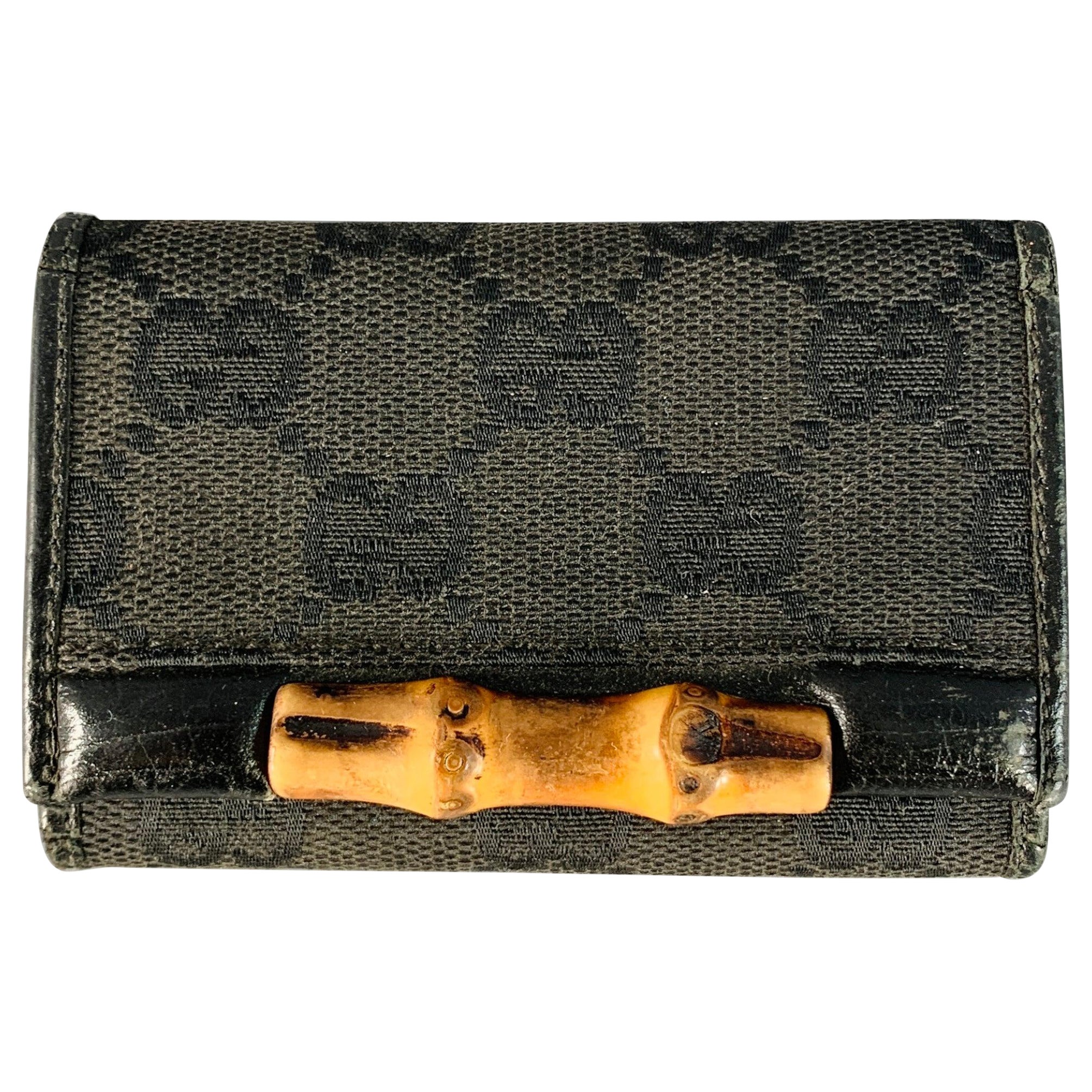 GUCCI Guccissima Black Natural Monogram Leather Canvas Bamboo Six Ring Key Holder For Sale