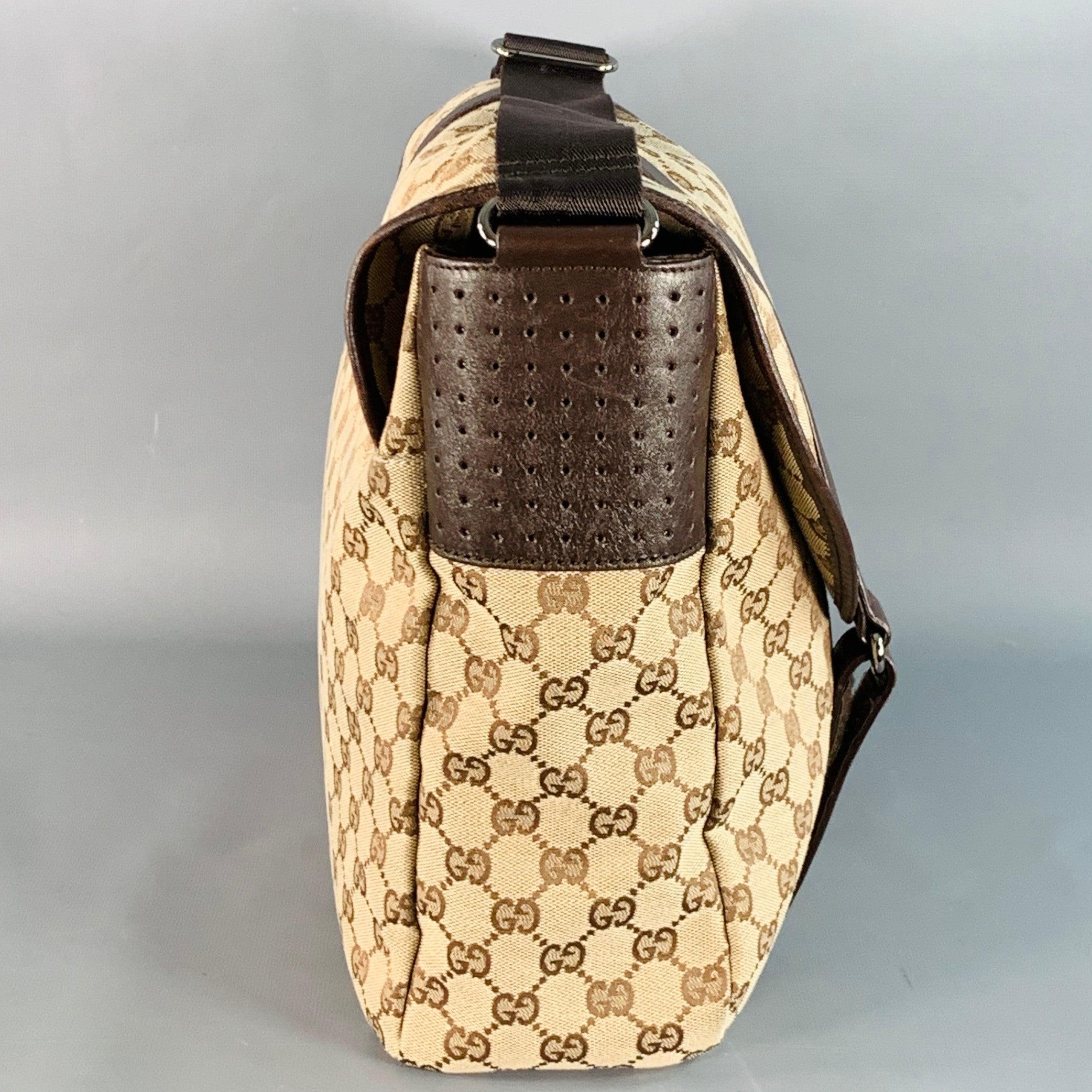 GUCCI Guccissima Brown Beige Monogram Canvas Leather Trim Messenger Bag In Excellent Condition For Sale In San Francisco, CA