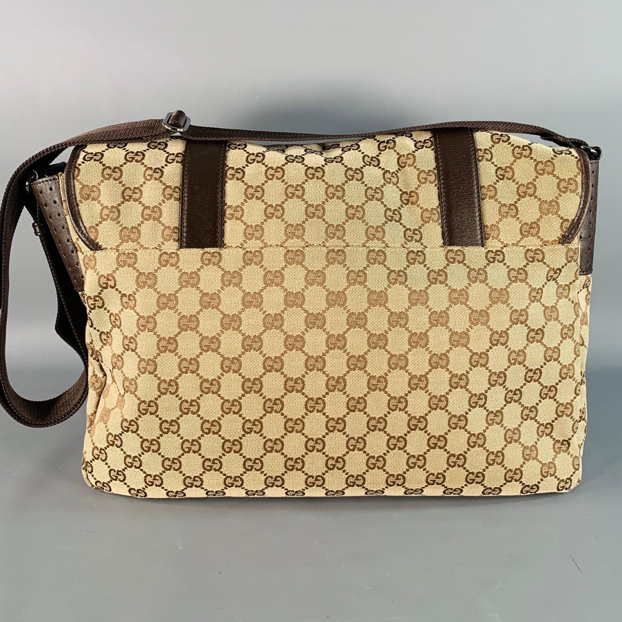 Men's GUCCI Guccissima Brown Beige Monogram Canvas Leather Trim Messenger Bag For Sale