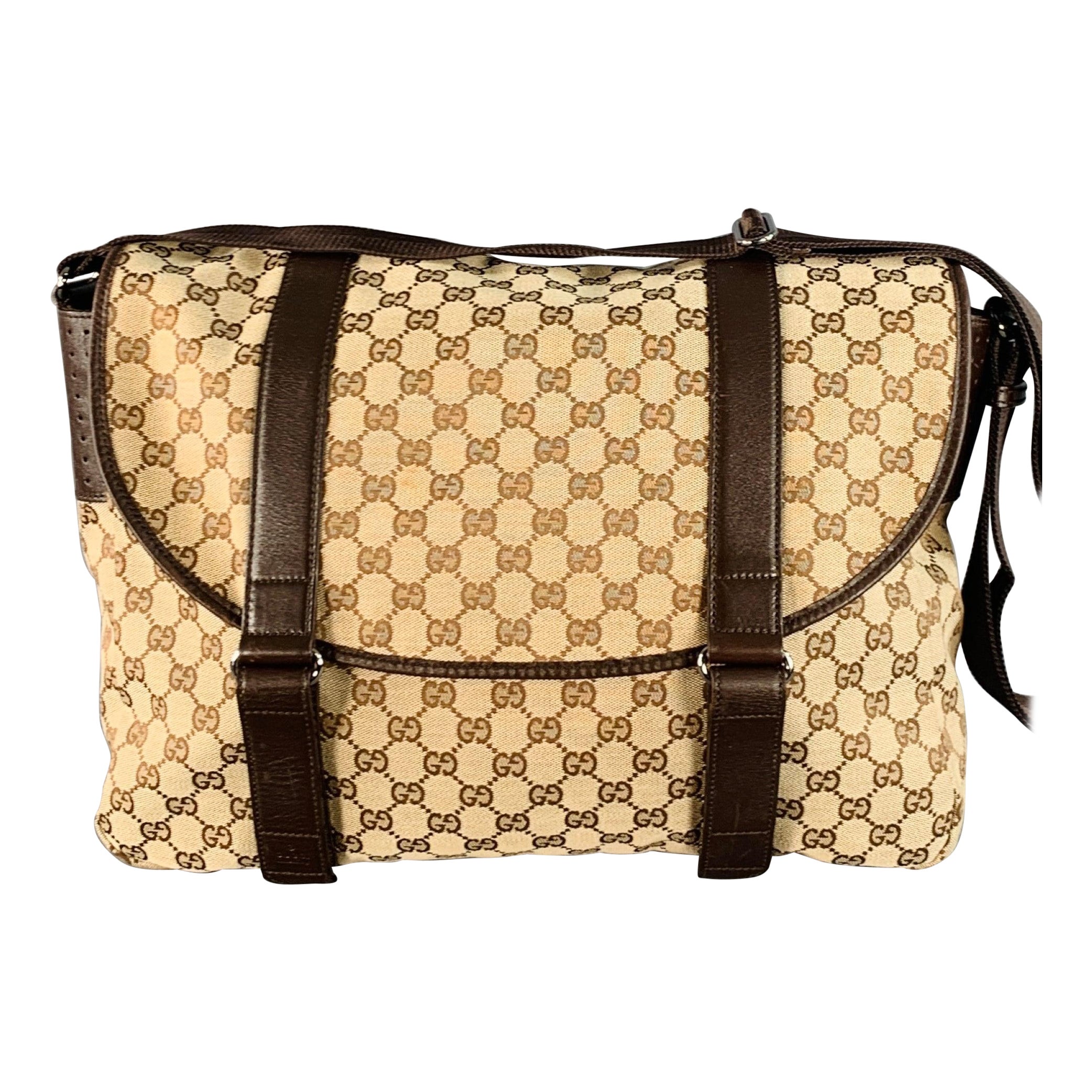 GUCCI Guccissima Brown Beige Monogram Canvas Leather Trim Messenger Bag For Sale