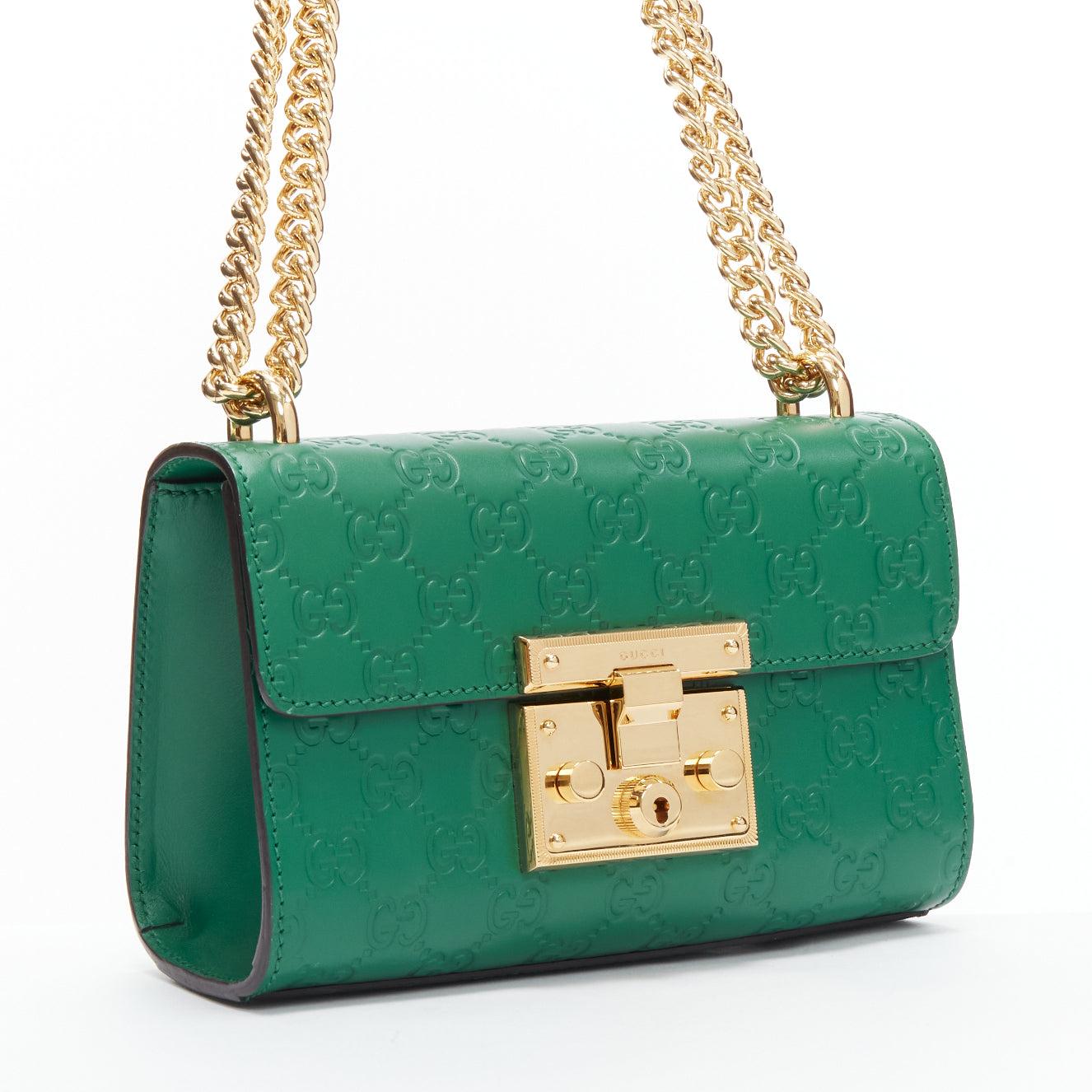 GUCCI Guccissima green leather gold padlock crossbody chain bag In Good Condition In Hong Kong, NT