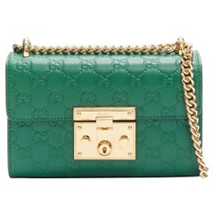 GUCCI Guccissima green leather gold padlock crossbody chain bag