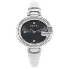 Used Gucci Guccissima Steel Black Oval Dial Quartz Ladies Bangle Watch YA134301