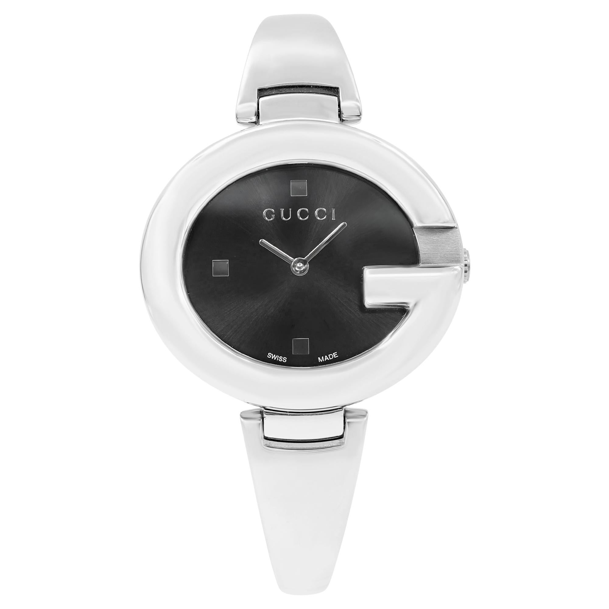 Gucci Guccissima Steel Black Oval Dial Quartz Ladies Bangle Watch YA134301