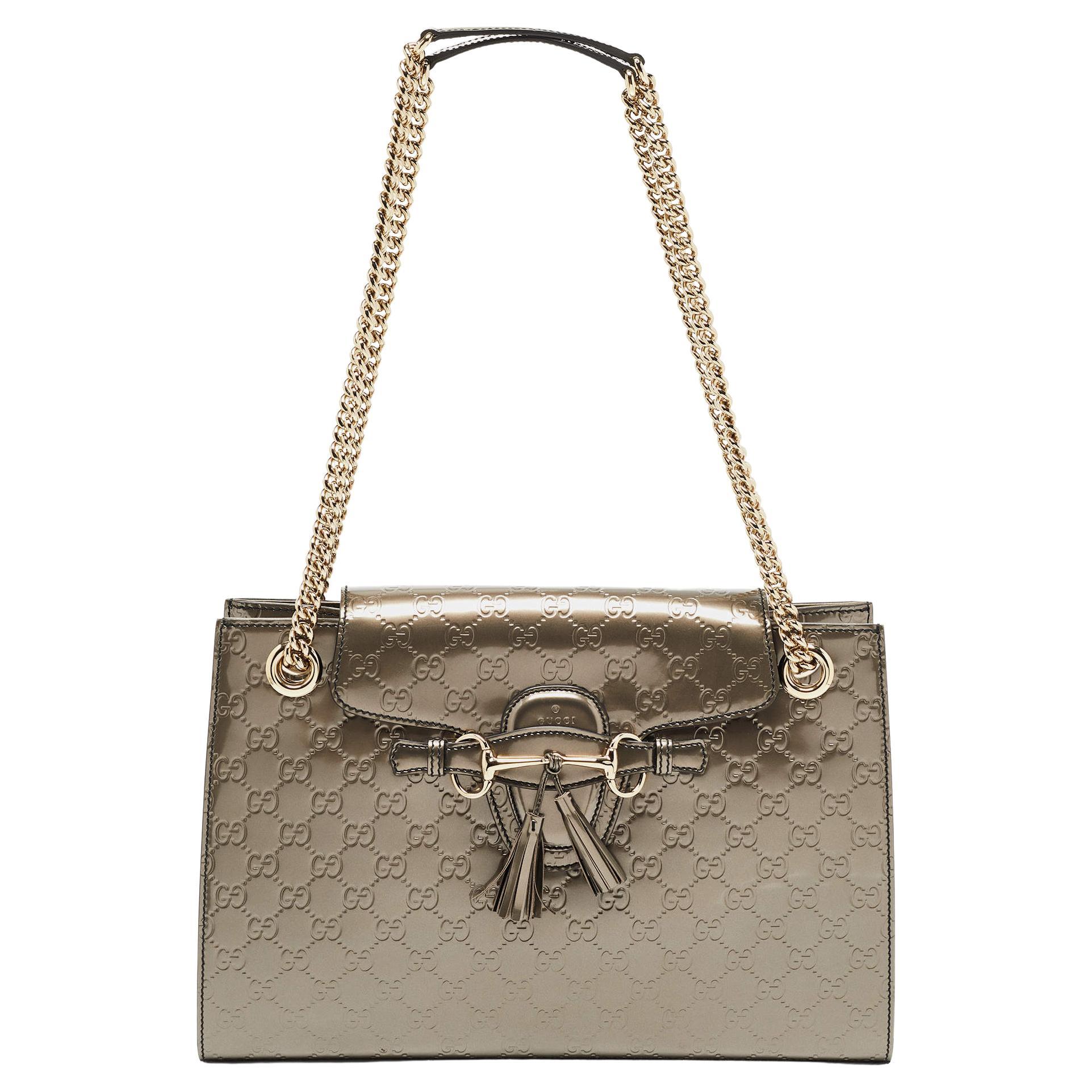 Gucci Gun Metal Guccissima Patent Leather Large Emily Chain Shoulder Bag  For Sale at 1stDibs