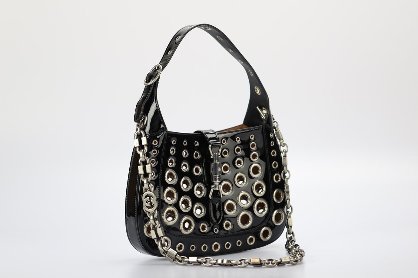 Gucci Ha Ha Ha Jackie 1961 Eyelet Embellished Patent Leather Shoulder Bag In Excellent Condition In London, GB