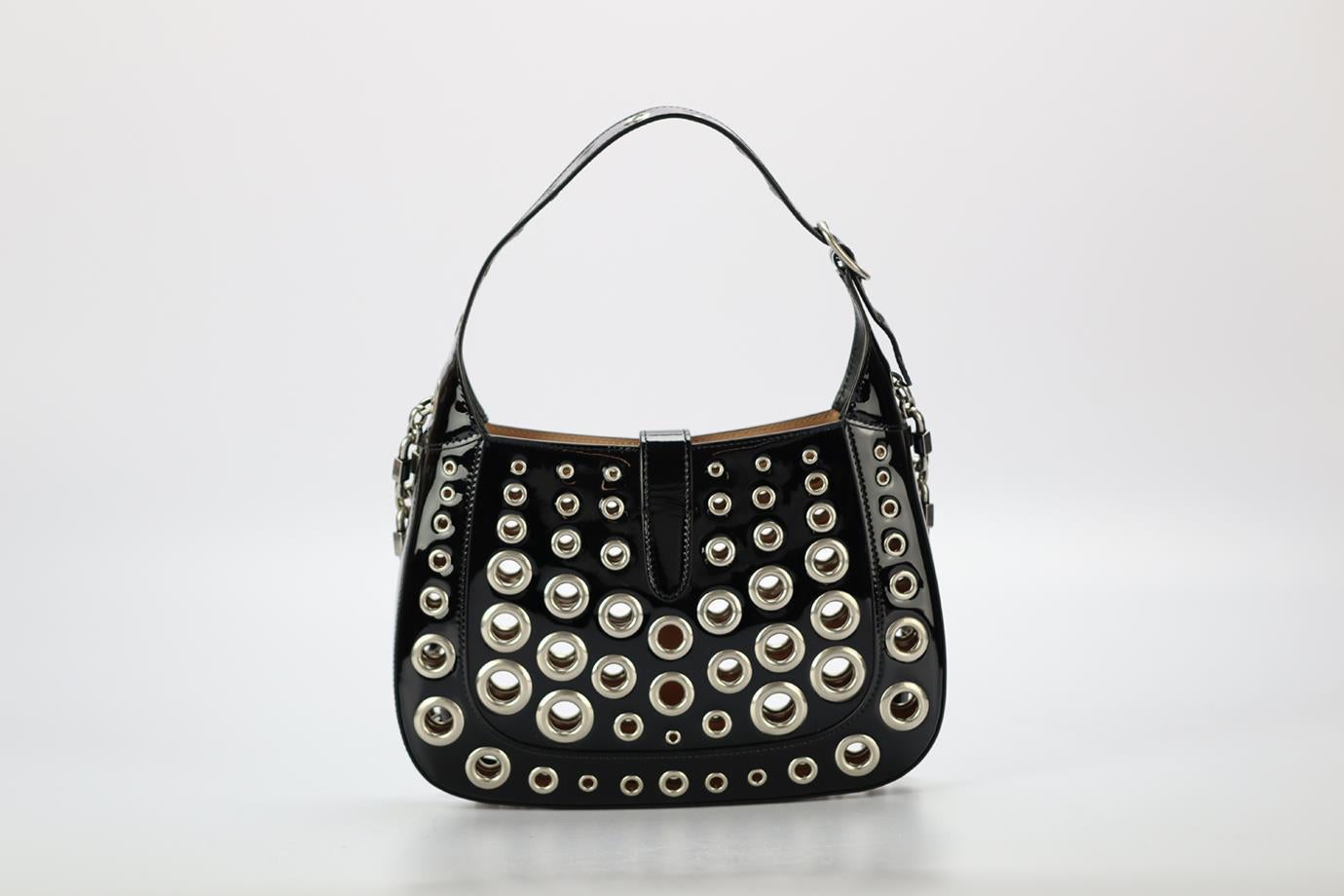 Women's Gucci Ha Ha Ha Jackie 1961 Eyelet Embellished Patent Leather Shoulder Bag For Sale