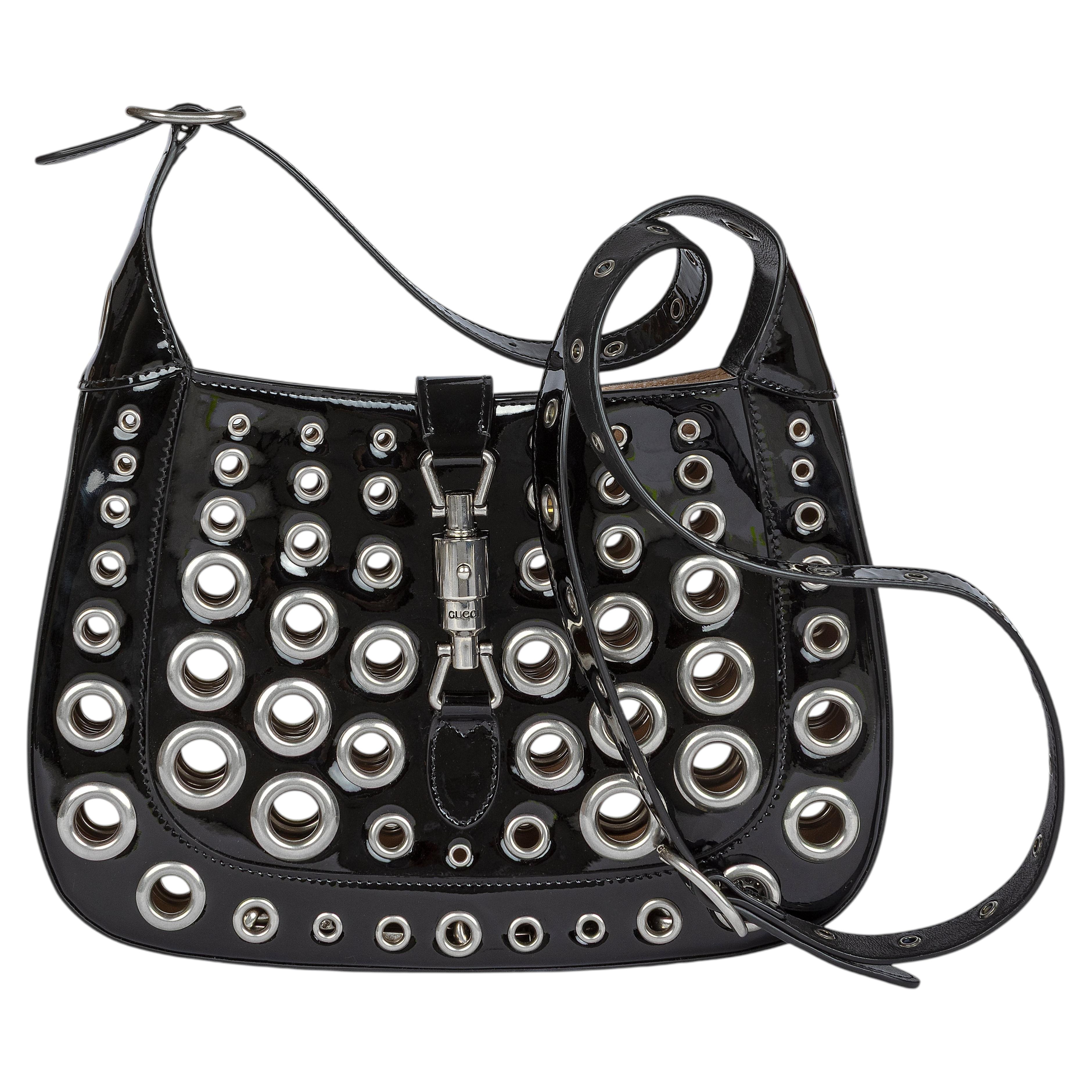 Gucci Ha Ha Ha Jackie 1961 Black Eyelet Patent Leather Shoulder Bag
