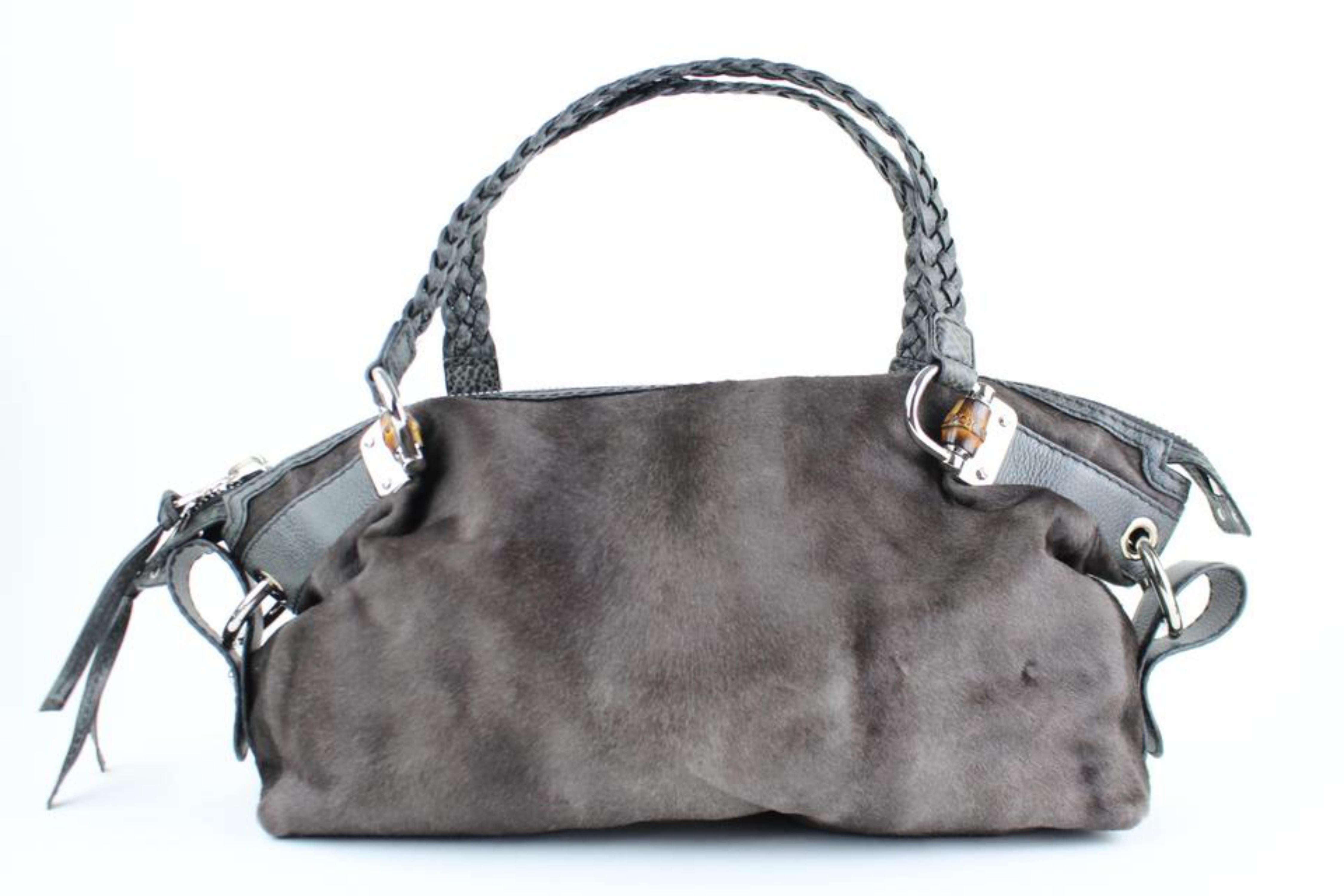 Gucci Hair Woven Handle Tote 824gt16 Grey Pony Fur Shoulder Bag For Sale 5