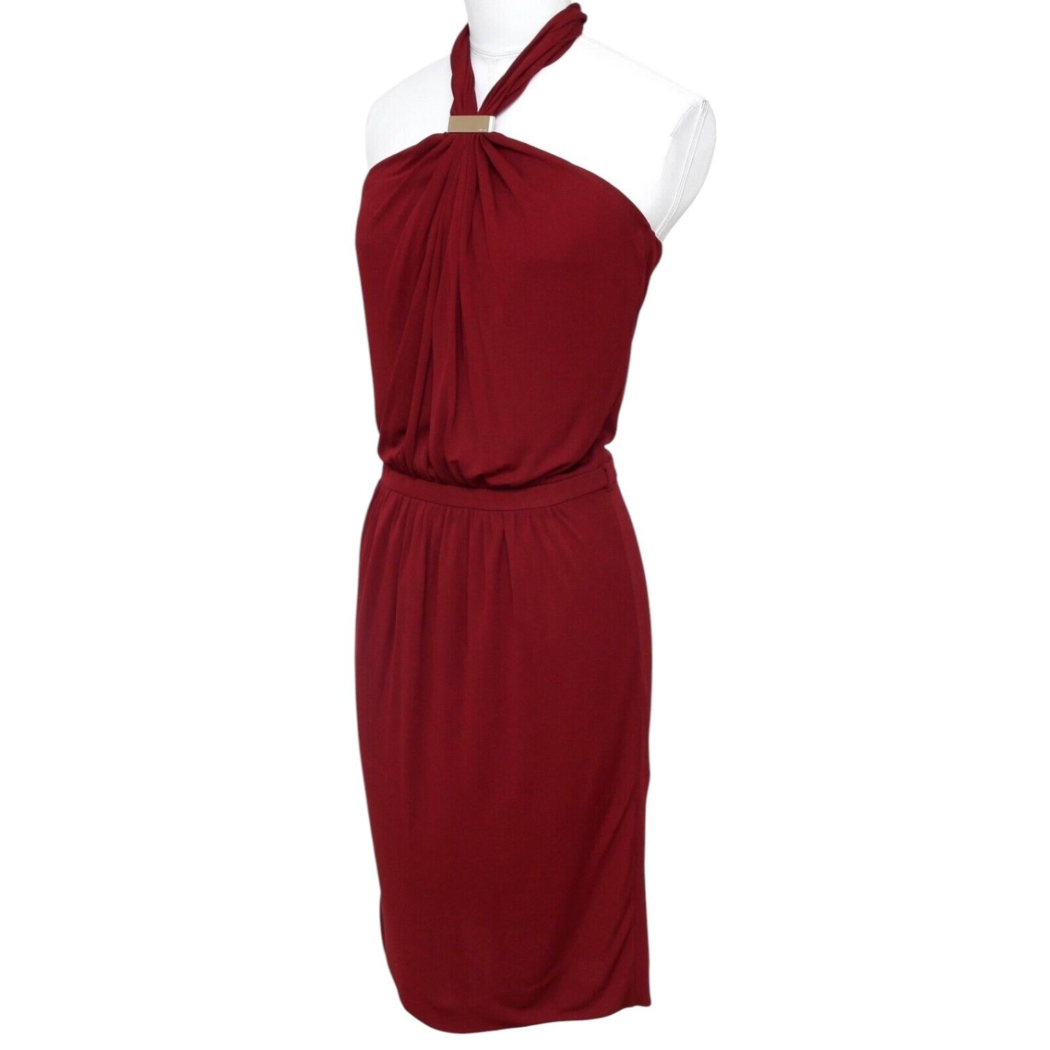 GUCCI Halter Dress Maroon Gold-Tone HW Red Brown Viscose Sleeveless Sz S In Good Condition For Sale In Hollywood, FL