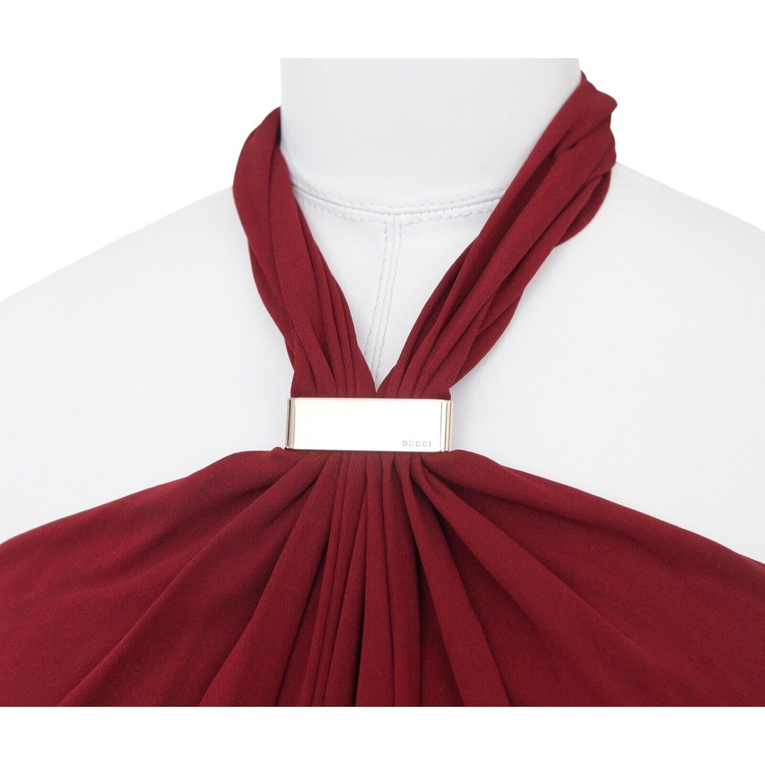 Women's GUCCI Halter Dress Maroon Gold-Tone HW Red Brown Viscose Sleeveless Sz S For Sale