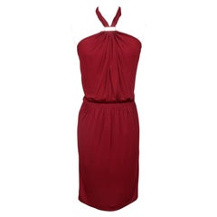 GUCCI Halter Dress Maroon Gold-Tone HW Red Brown Viscose Sleeveless Sz S
