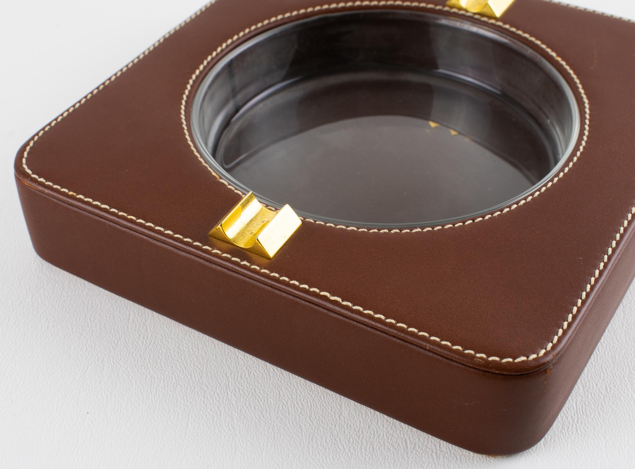 Gucci Hand-Stitched Brown Leather Ashtray, Catchall, Desk Tidy, circa 1970 For Sale 3
