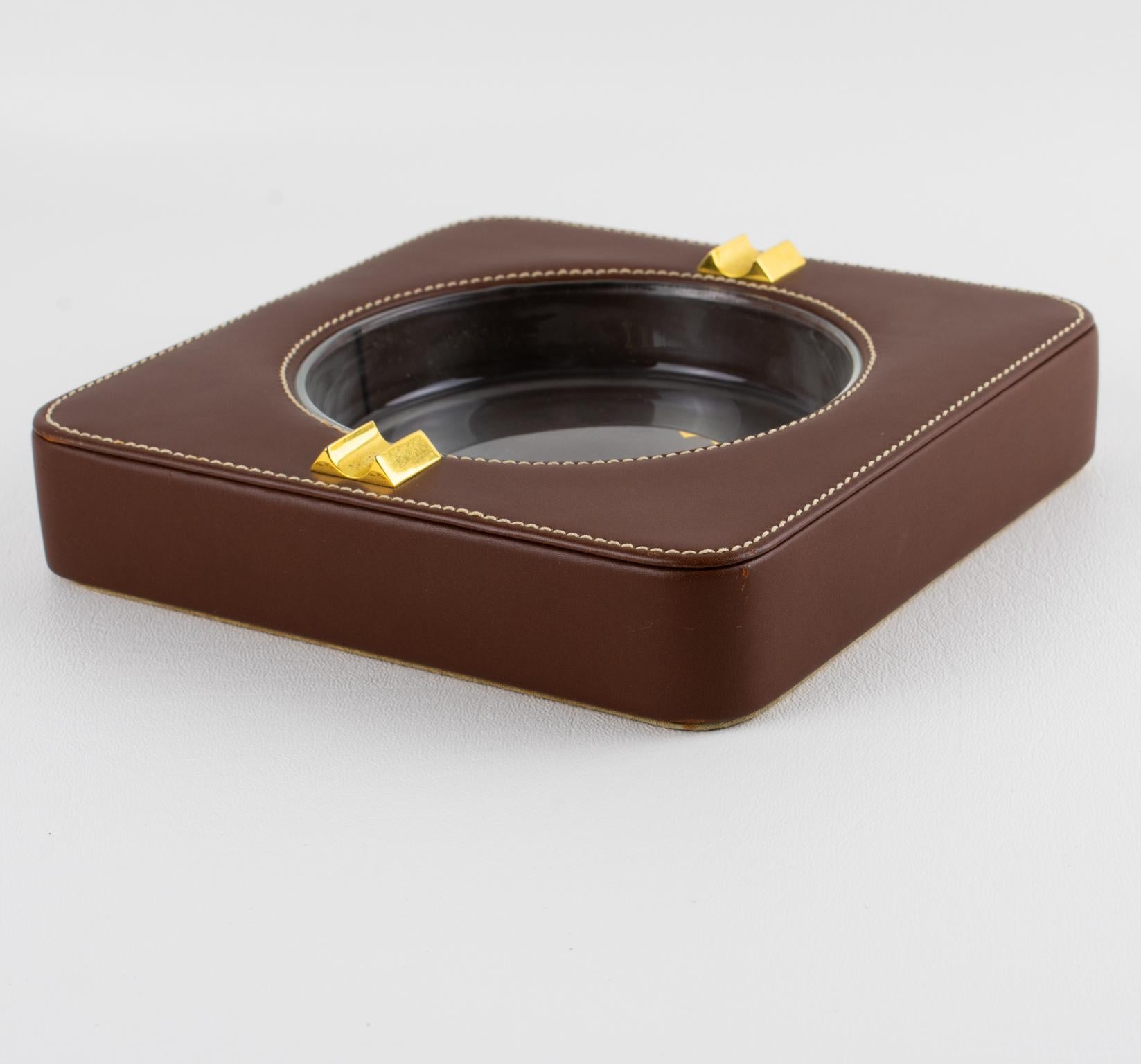 Gucci Hand-Stitched Brown Leather Ashtray, Catchall, Desk Tidy, circa 1970 For Sale 5