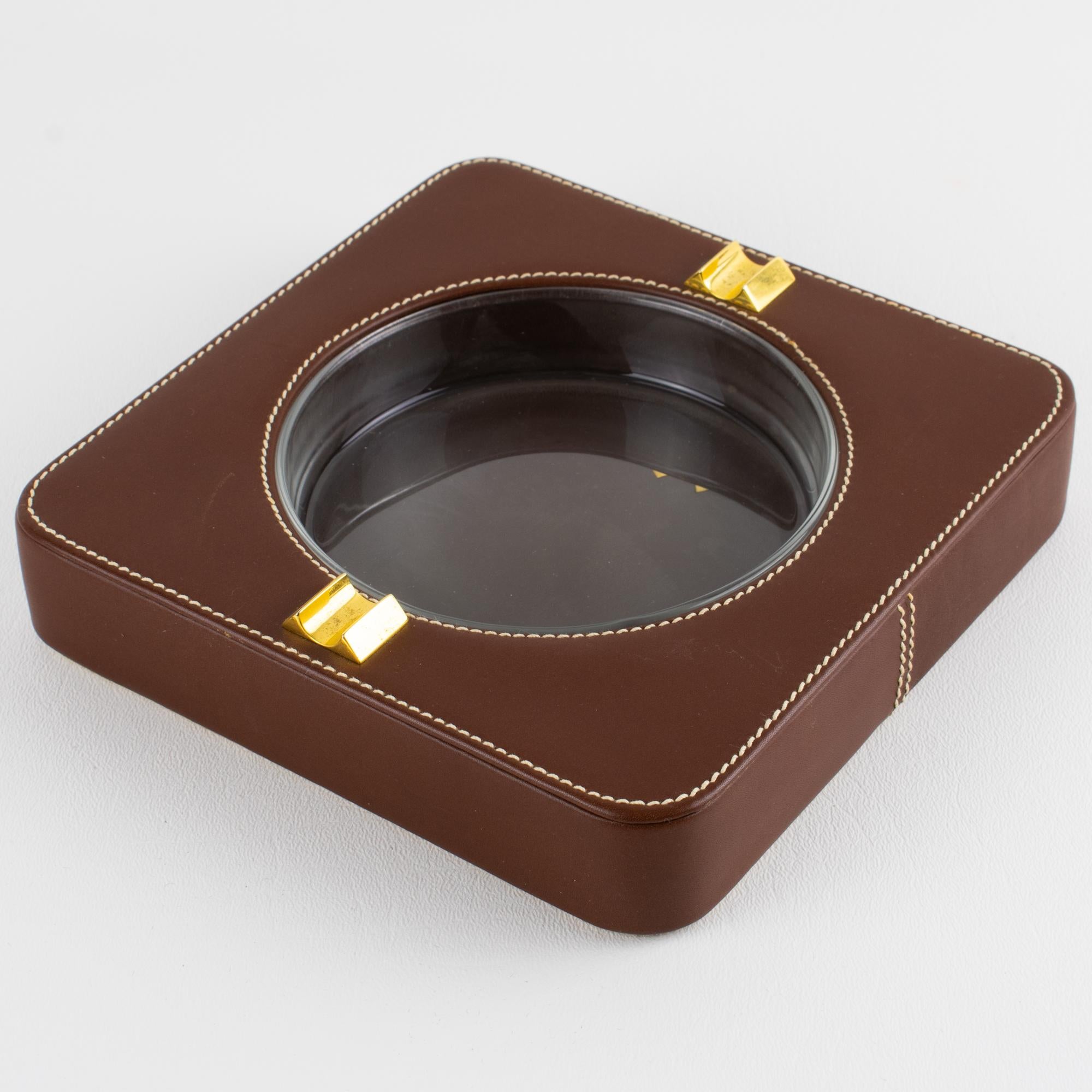 Modern Gucci Hand-Stitched Brown Leather Ashtray, Catchall, Desk Tidy, circa 1970 For Sale