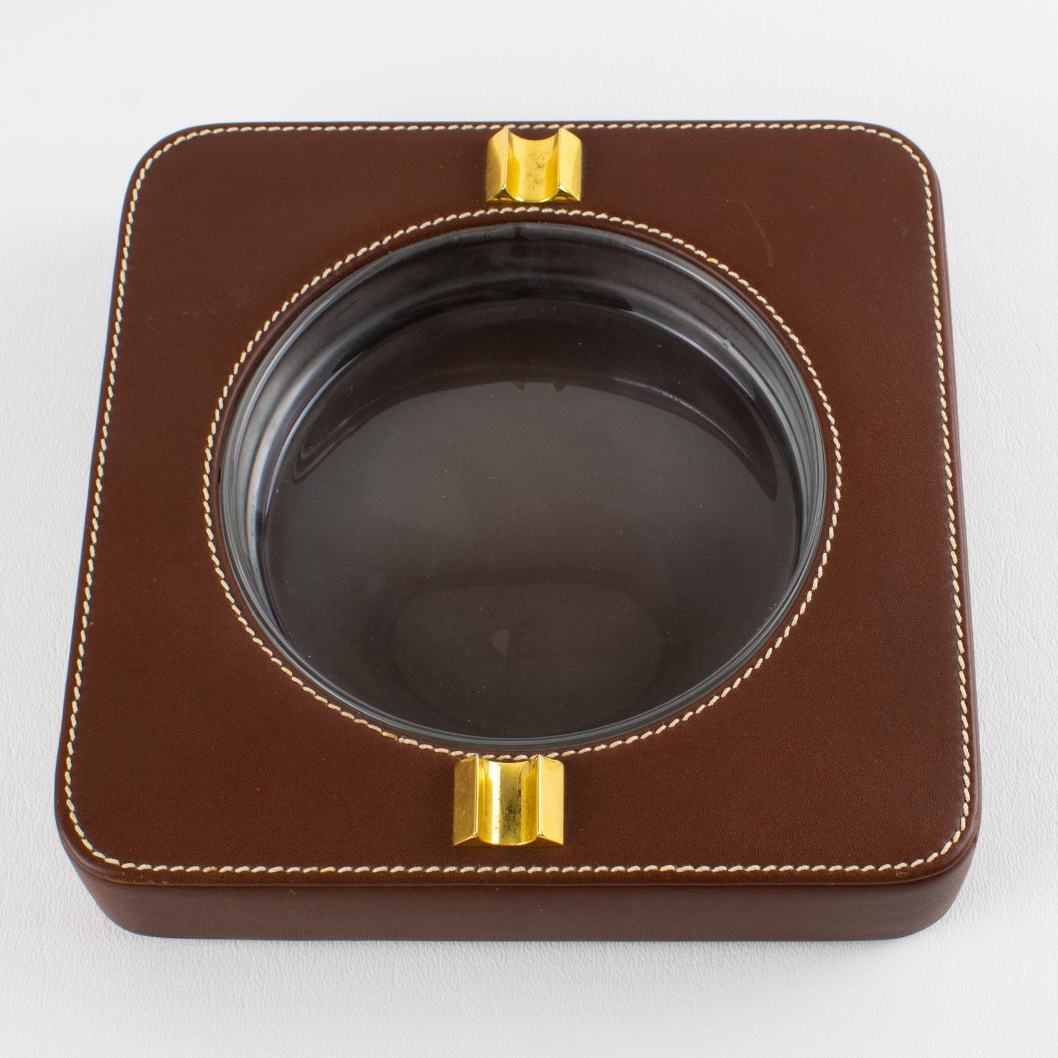 Late 20th Century Gucci Hand-Stitched Brown Leather Ashtray, Catchall, Desk Tidy, circa 1970 For Sale