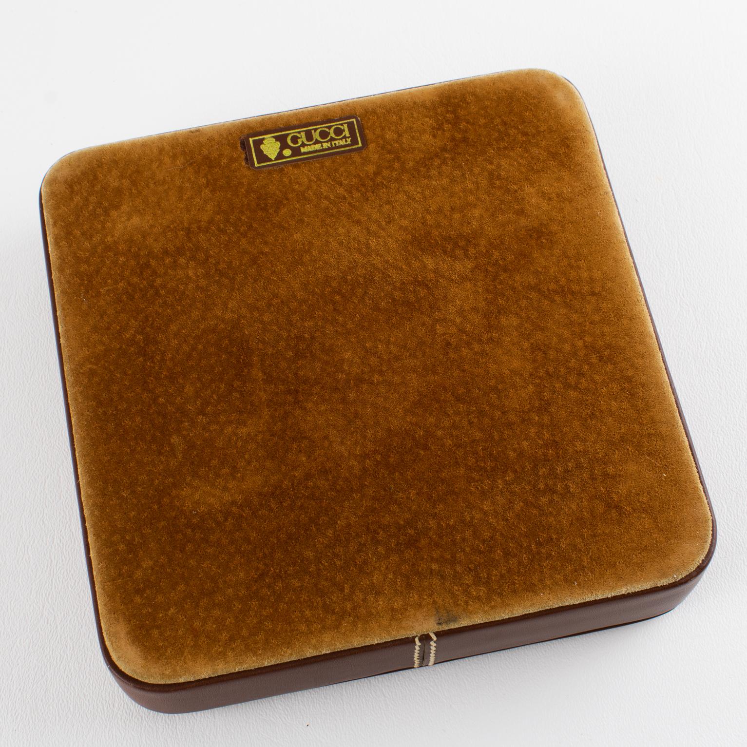 Metal Gucci Hand-Stitched Brown Leather Ashtray, Catchall, Desk Tidy, circa 1970 For Sale