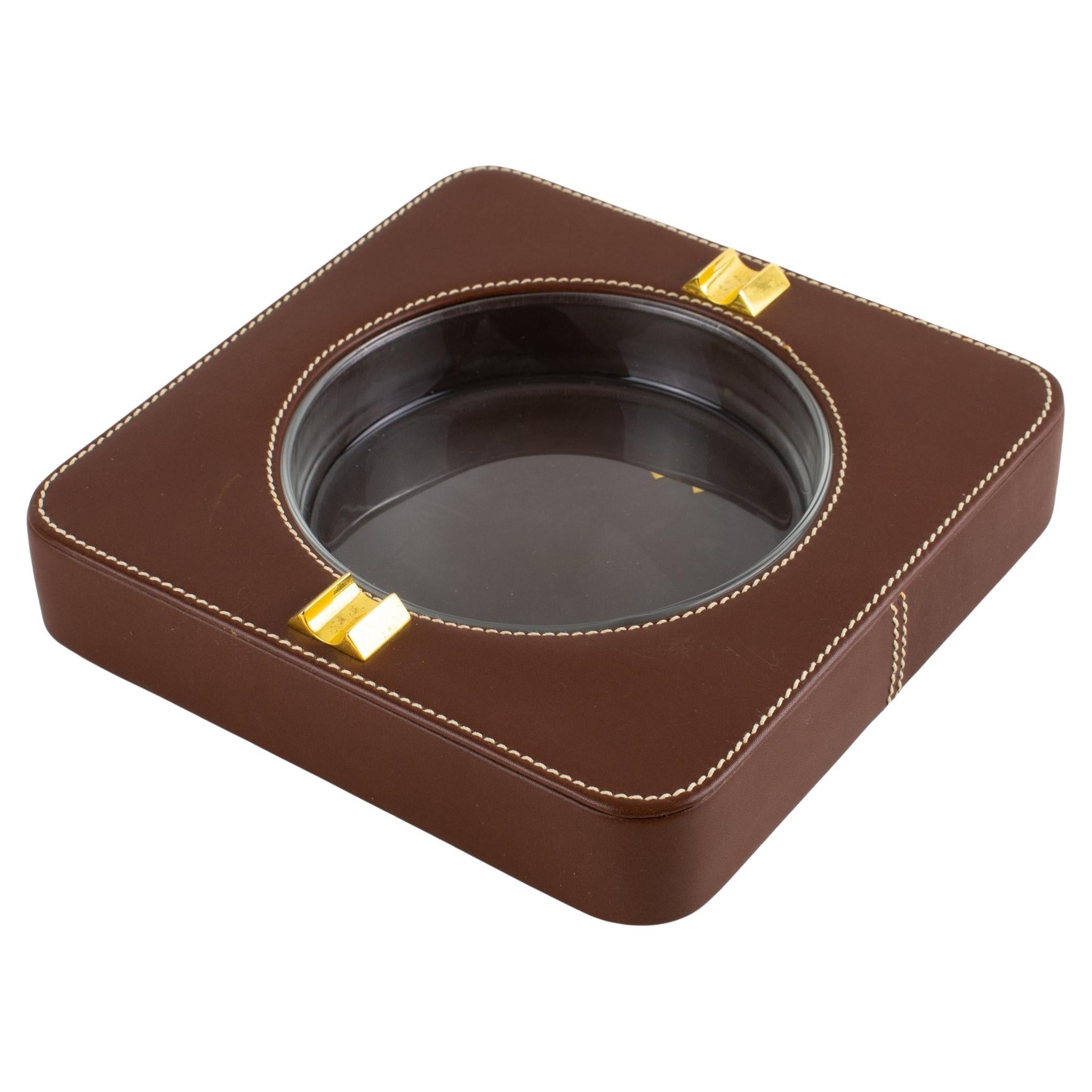 Gucci Hand-Stitched Brown Leather Ashtray, Catchall, Desk Tidy, circa 1970 For Sale