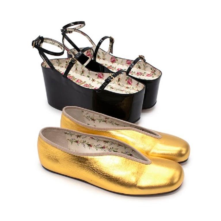 Gucci Hannelore Gold Leather Ballerinas W/ Black Ankle Strap Platforms 4