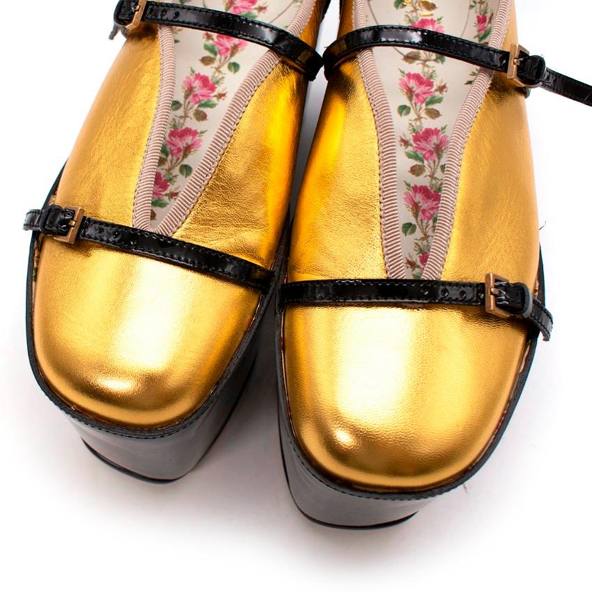 Gucci Hannelore Gold Leather Ballerinas W/ Black Ankle Strap Platforms In Excellent Condition In London, GB