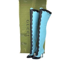 Gucci Harriet Thigh High Snake Emboss Dusty Azure Pointed Toe Heeled Boots 38