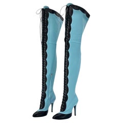Gucci Harriet Thigh High Snake Emboss Dusty Azure Pointed Toe Heeled Boots 38