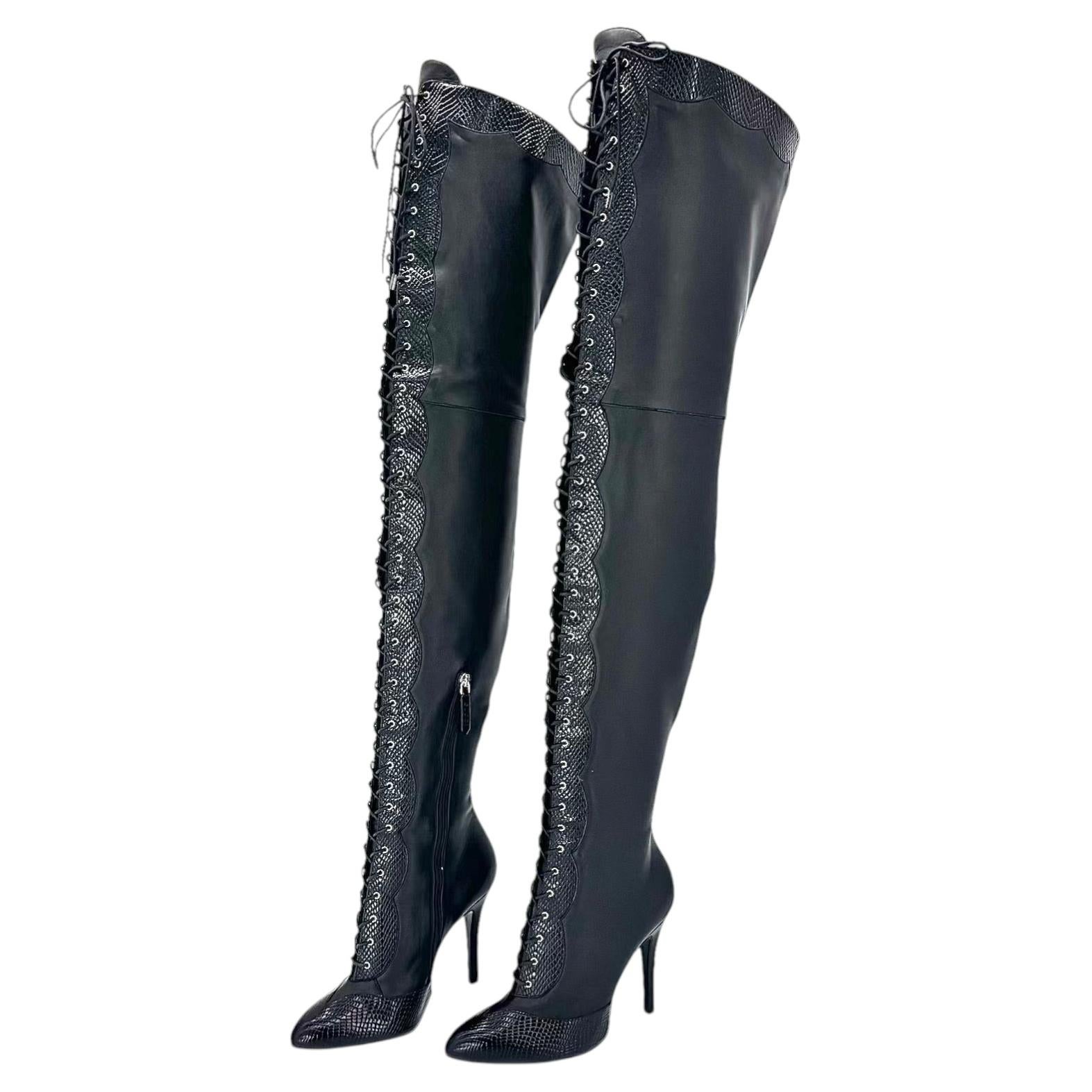 Gucci Harriet Thigh High Snake Emboss Pointed Toe Heeled Boots 39