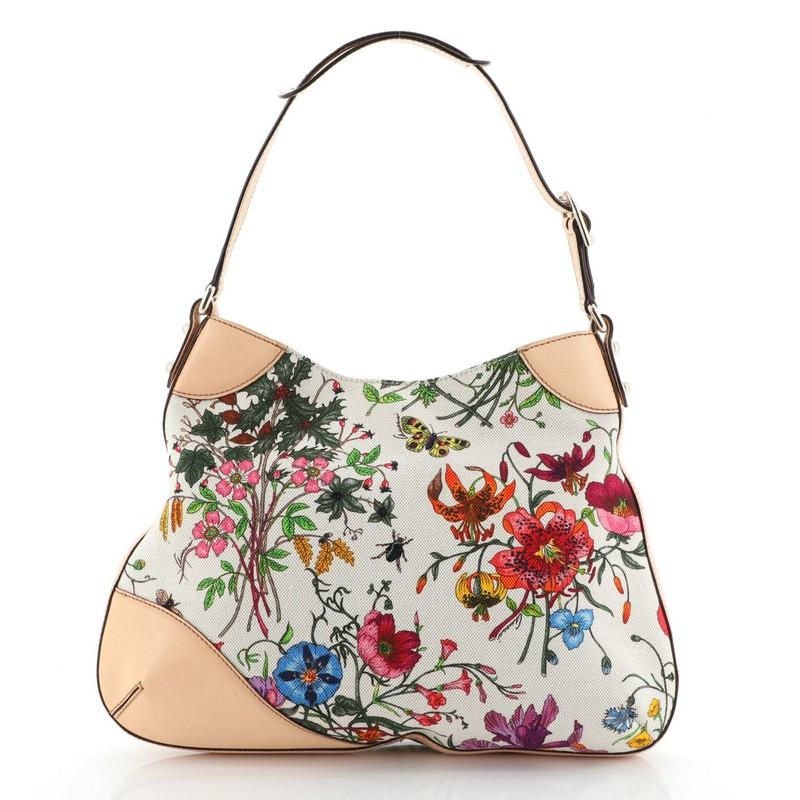 Beige Gucci Hasler Hobo Flora Canvas