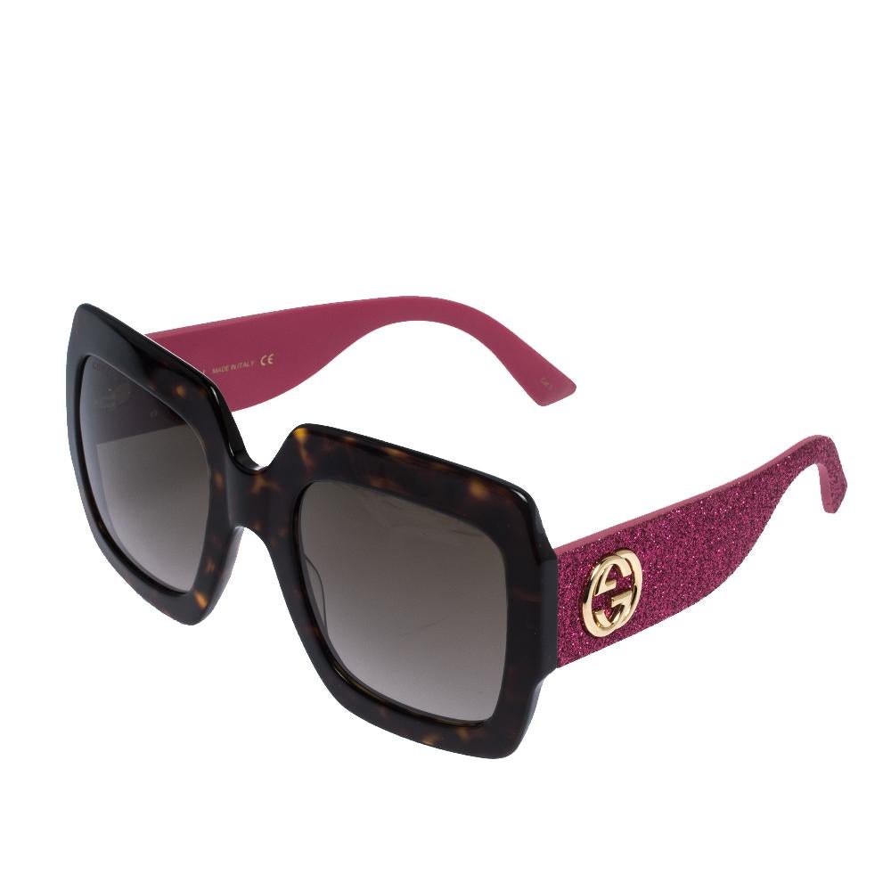 Gucci Havana Pink Glitter/Brown Gradient (GG0102S) Square Sunglasses In Good Condition In Montreal, Quebec