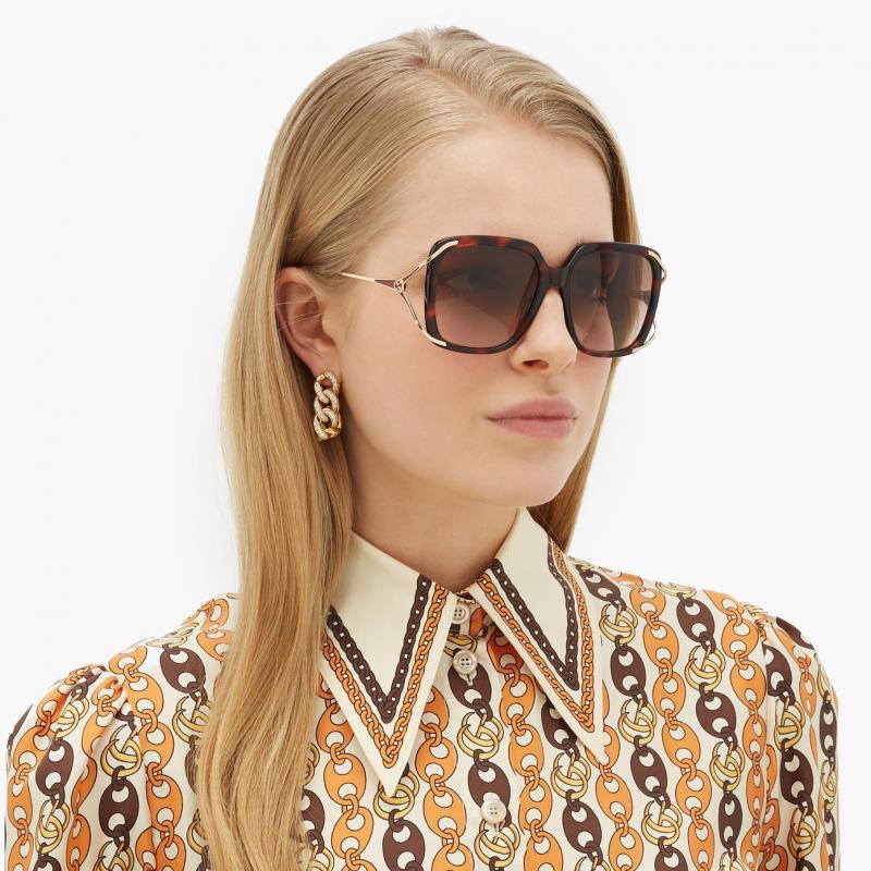 GUCCI Havane Brown tortoise SQUARE Lunettes de soleil GG0647S Pour femmes en vente