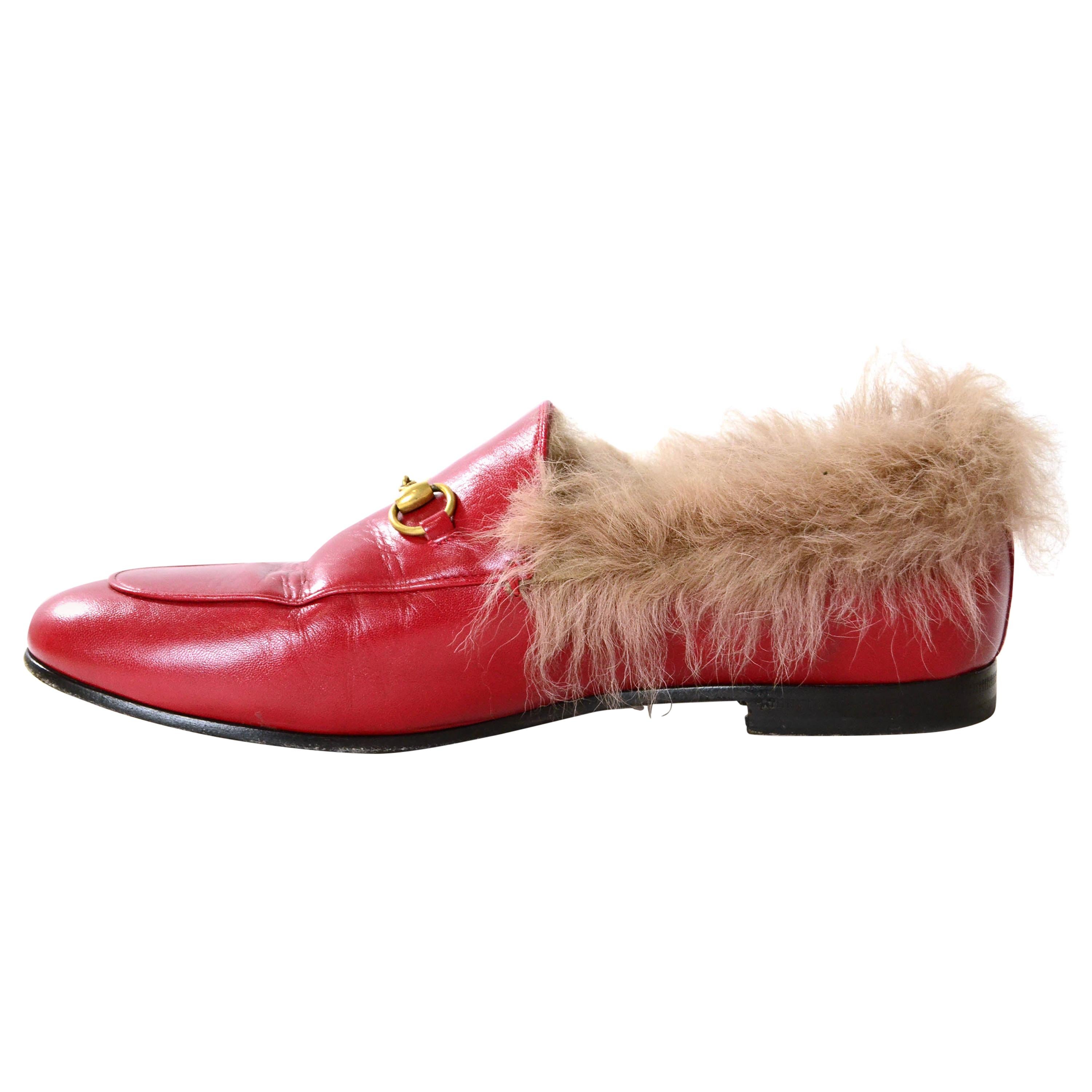 Gucci Hibiscus Red Calfskin Lamb Fur Women’s Jordaan Loafers sz 40 rt. $1, 100