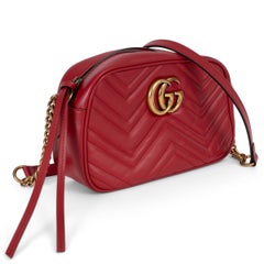 GUCCI Hibiscus red GG MARMONT SMALL CHEVRON LEATHER Shoulder Bag