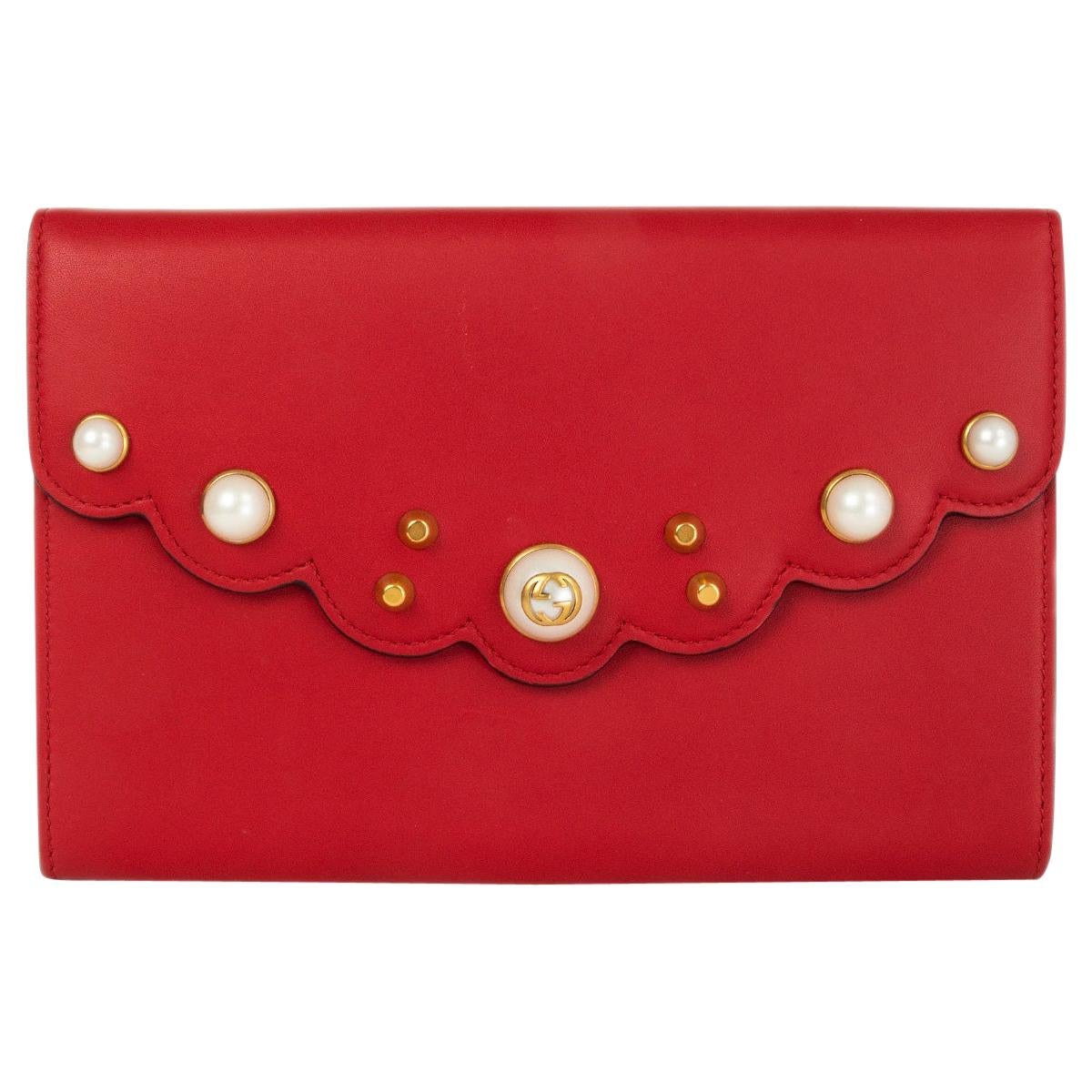 GUCCI Hibiscus red leather PEONY PEARL EMBELLISHED Clutch Bag