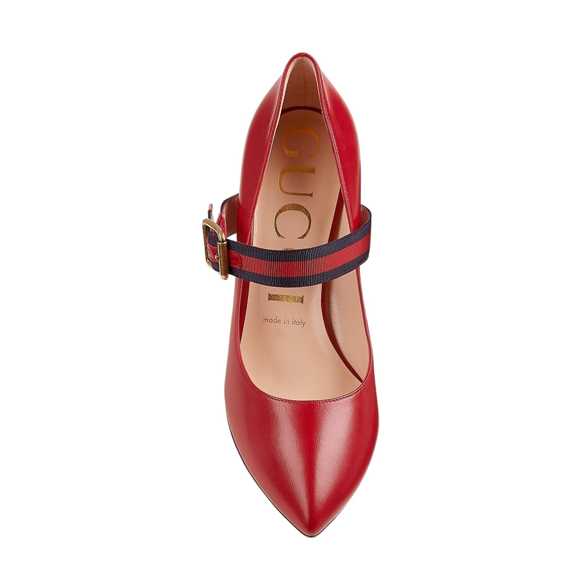 These pumps are made of leather and feature a grosgrain/web strap, a pointed toe, a 3 inch heel, gold tone hardware, an adjustable ankle strap and leather lining and sole.

COLOR: Red
MATERIAL: Leather
ITEM CODE: 475086 36 05D
SIZE: 36 EU / 5