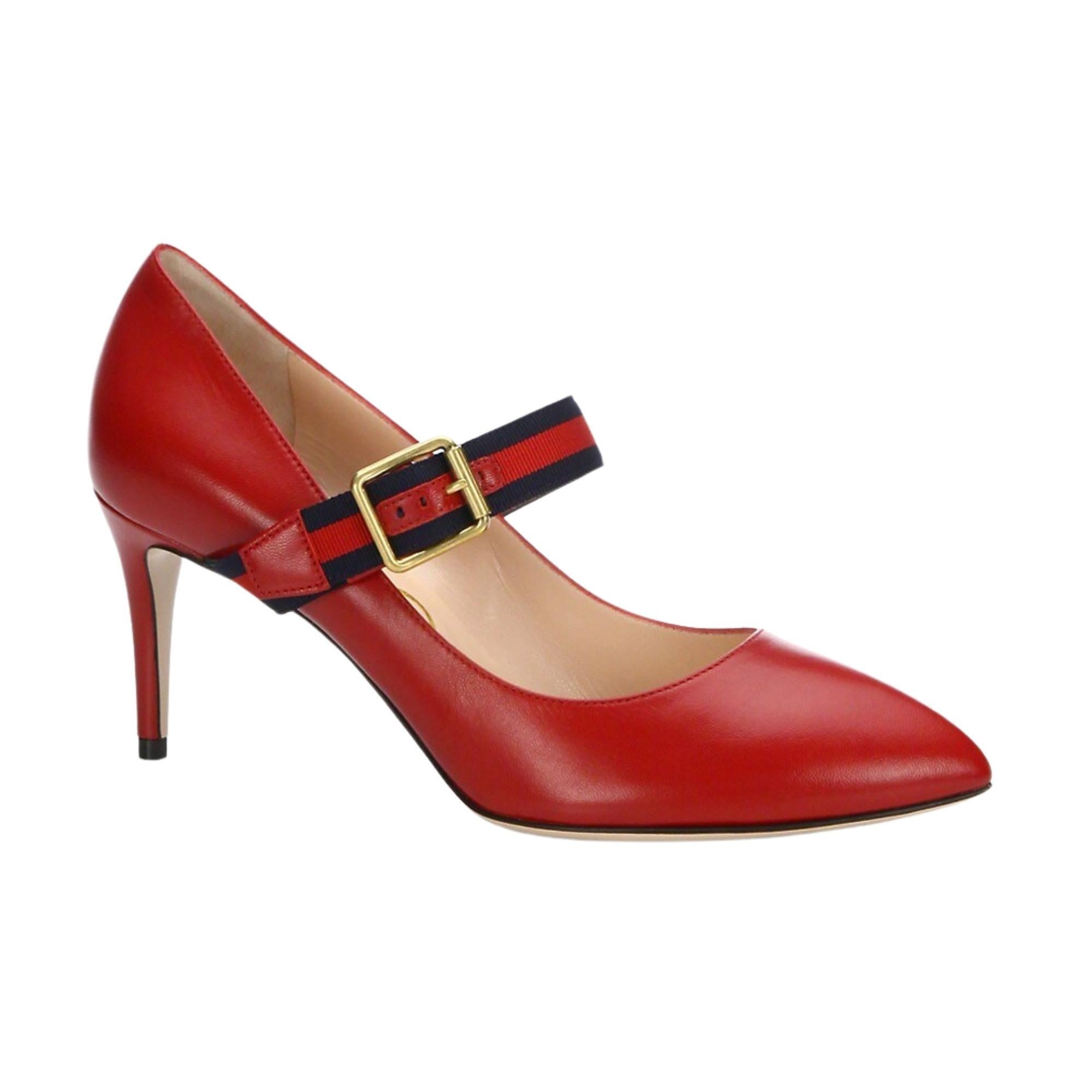 Gucci Hibiscus Red Leather Sylvie Mary Jane Pumps (EU 36) 475086 For Sale  at 1stDibs