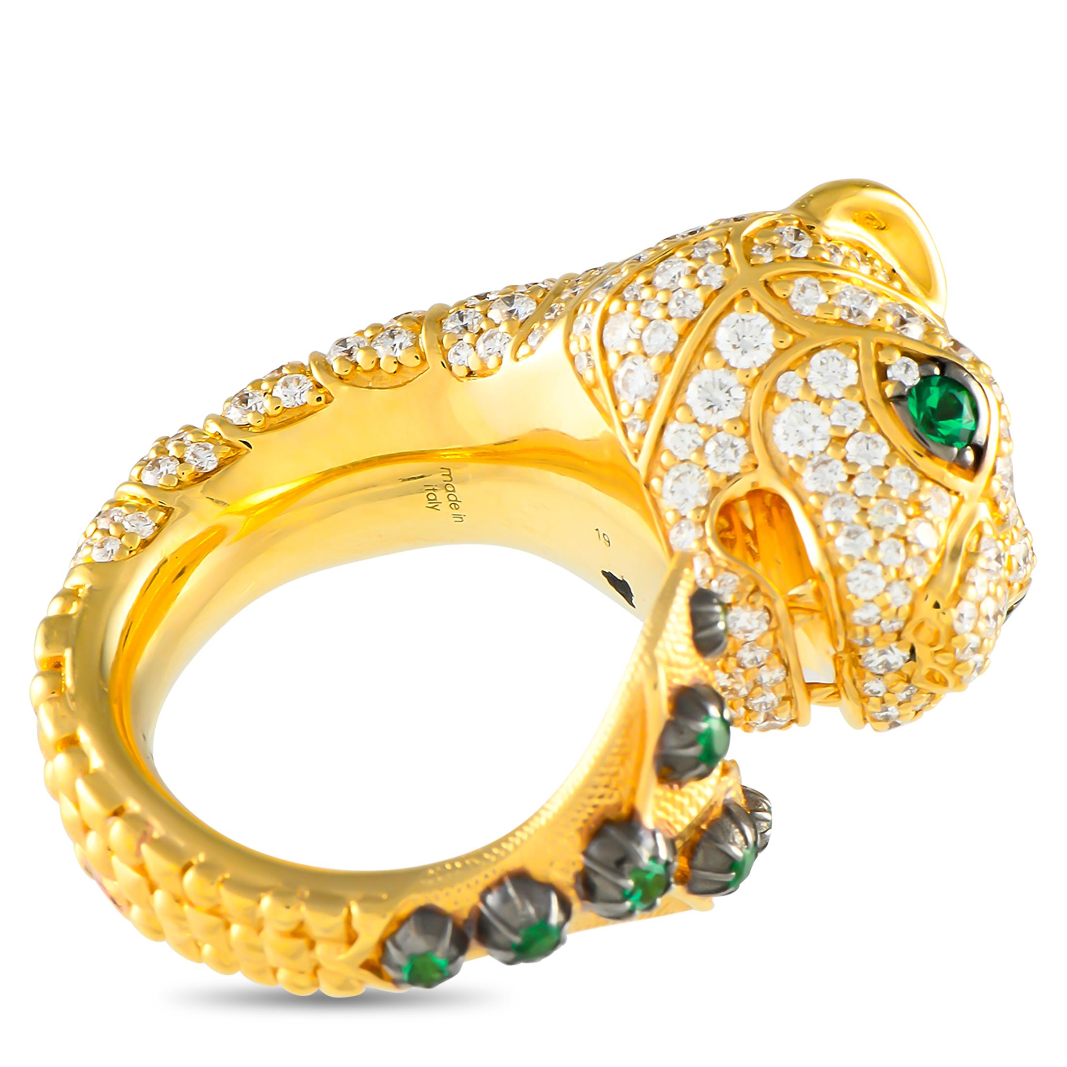 Women's Gucci High Jewelry Collection 18K Gold 2.50ct Diamond and Tsavorite Tiger Ring For Sale