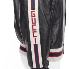 GUCCI Hollywood embroidery web trim leather baseball varsity bomber EU50 L
