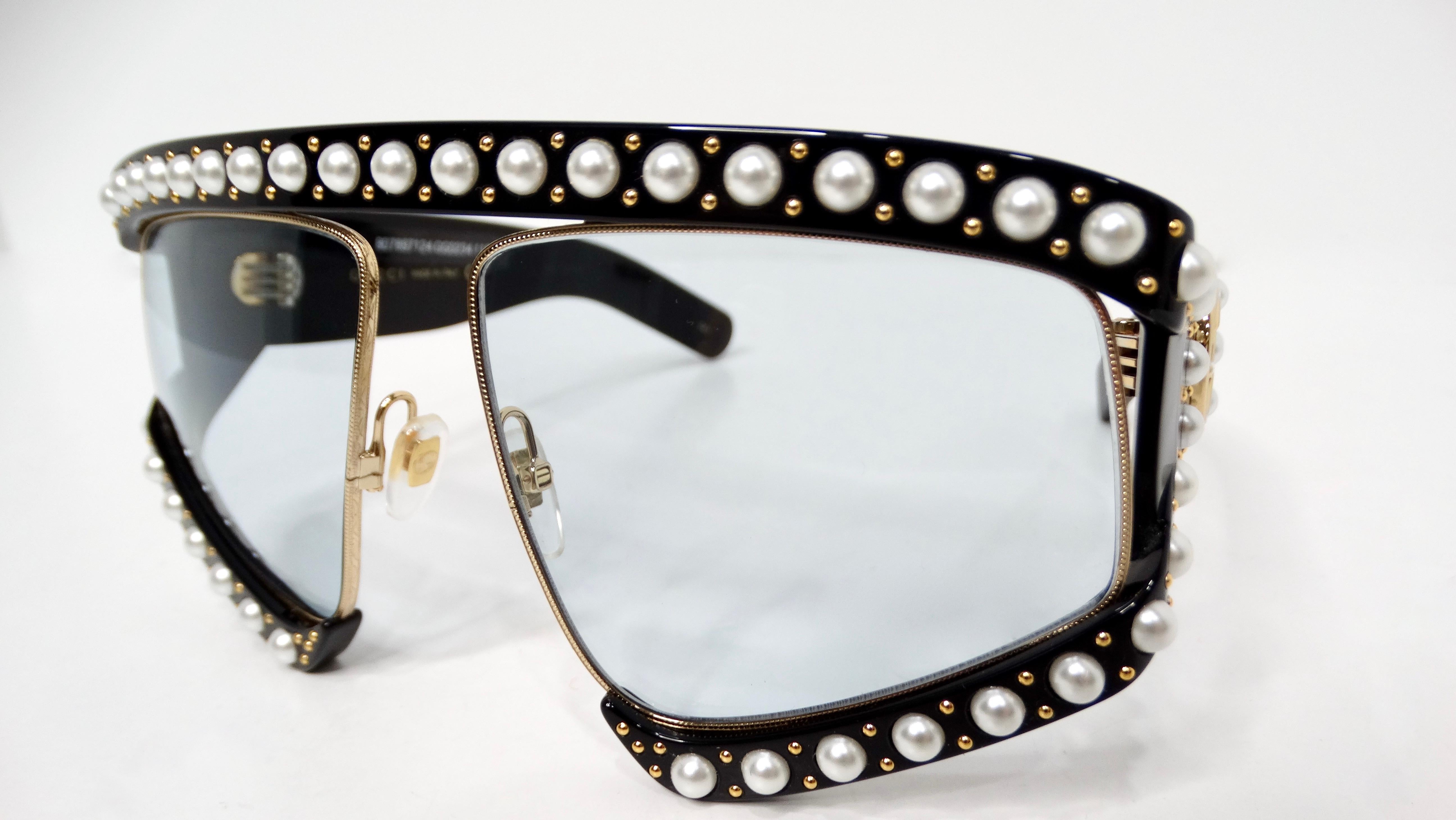 Gray Gucci Hollywood Forever Pearl Acetate Tinted Oversized Mask Sunglasses For Sale
