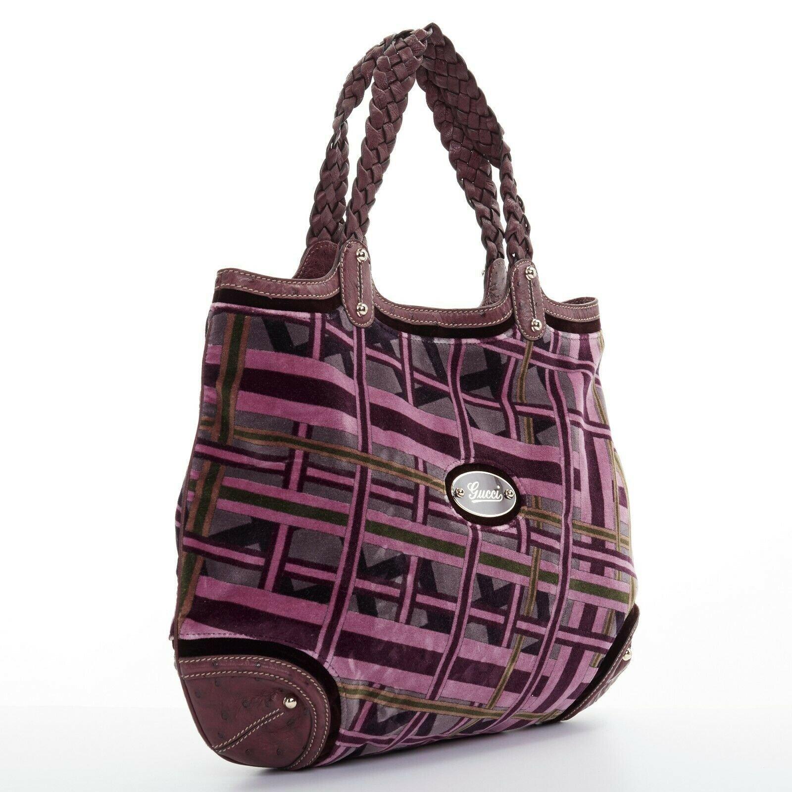Black GUCCI Hong Kong exclusive purple geometric velvet ostrich trimmed hobo bag