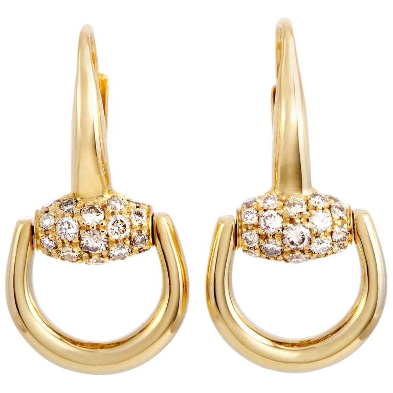 Gucci Horsebit 18 Karat Yellow Gold Brown Diamond Earrings at 1stDibs