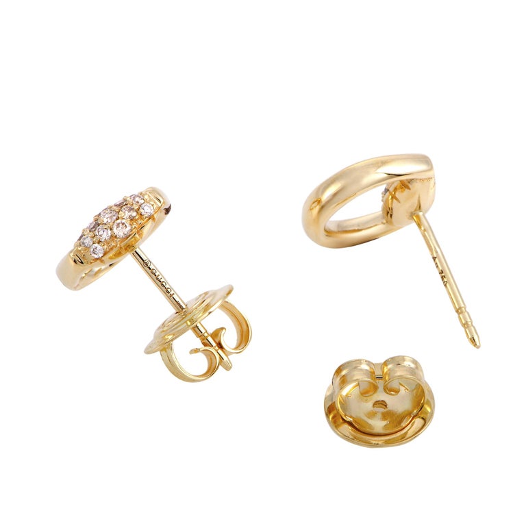 Gucci Horsebit 18 Karat Yellow Gold Brown Diamond Stud Earrings at