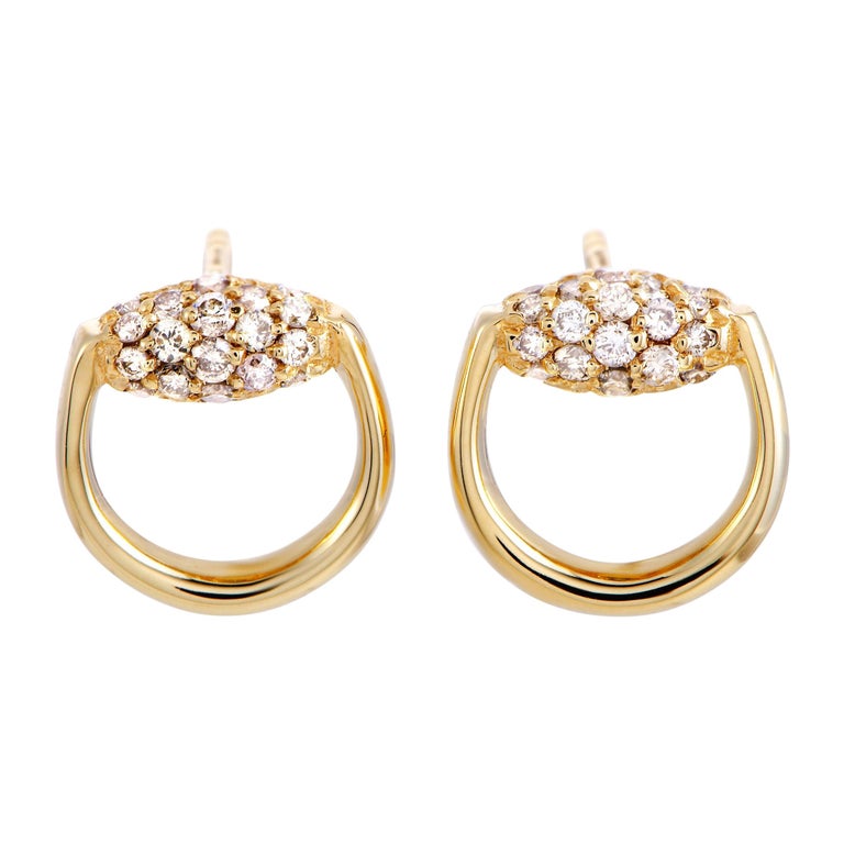Gucci Horsebit 18 Karat Yellow Gold Brown Diamond Stud Earrings at 1stDibs