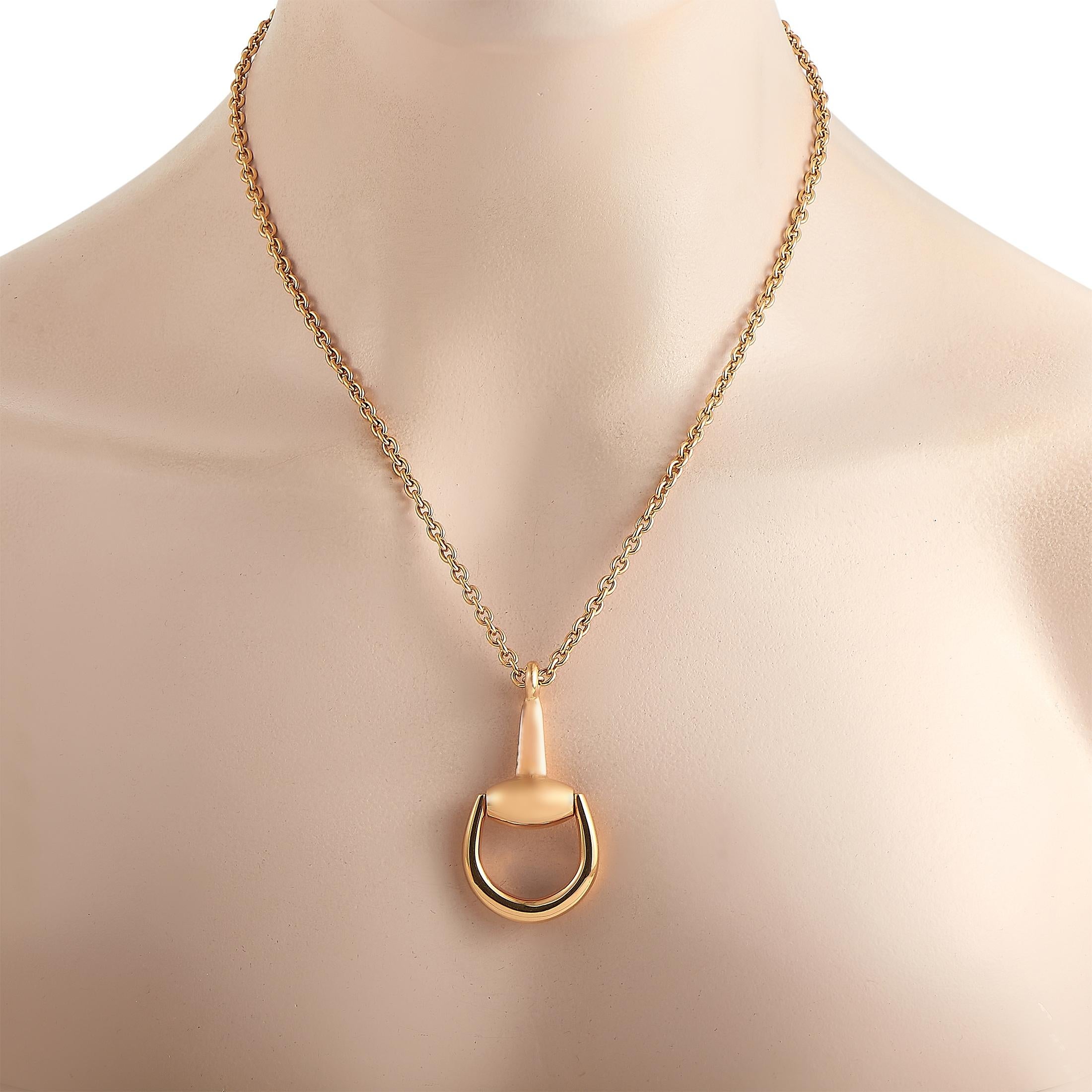 This Gucci Horsebit necklace is one of their signature pieces. The chain and pendant are crafted from 18K rose gold, and the pendant measures 2 inches by 1.15 inches while the chain measures 32 inches in length. The necklace weighs a total of 22.6