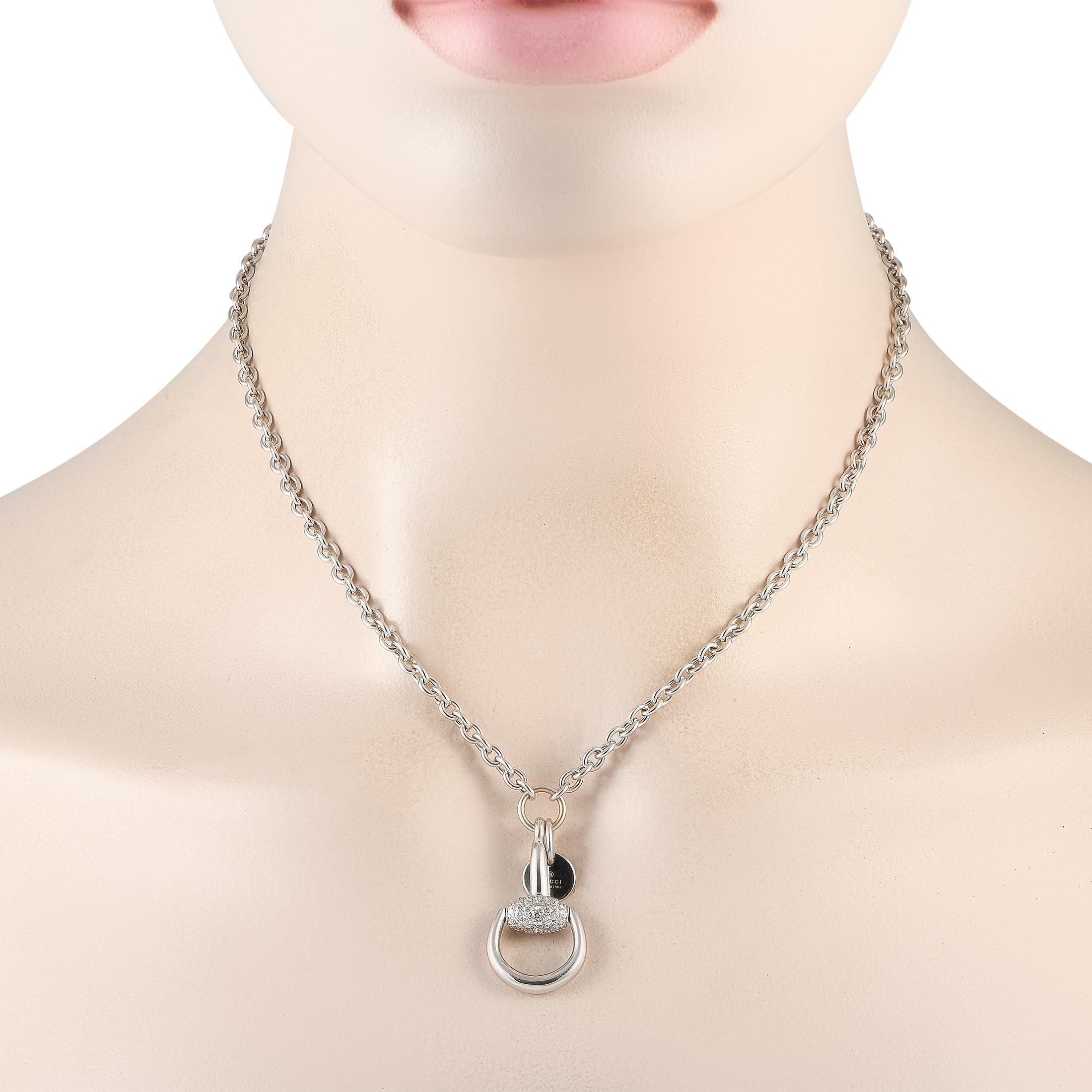 This Gucci Horsebit necklace brings one of the brands most iconic motifs to life. This elegant, equestrian-inspired accessory is crafted from 18K white gold. The necklace features the iconic horsebit motif with 0.40 carats of diamonds around the