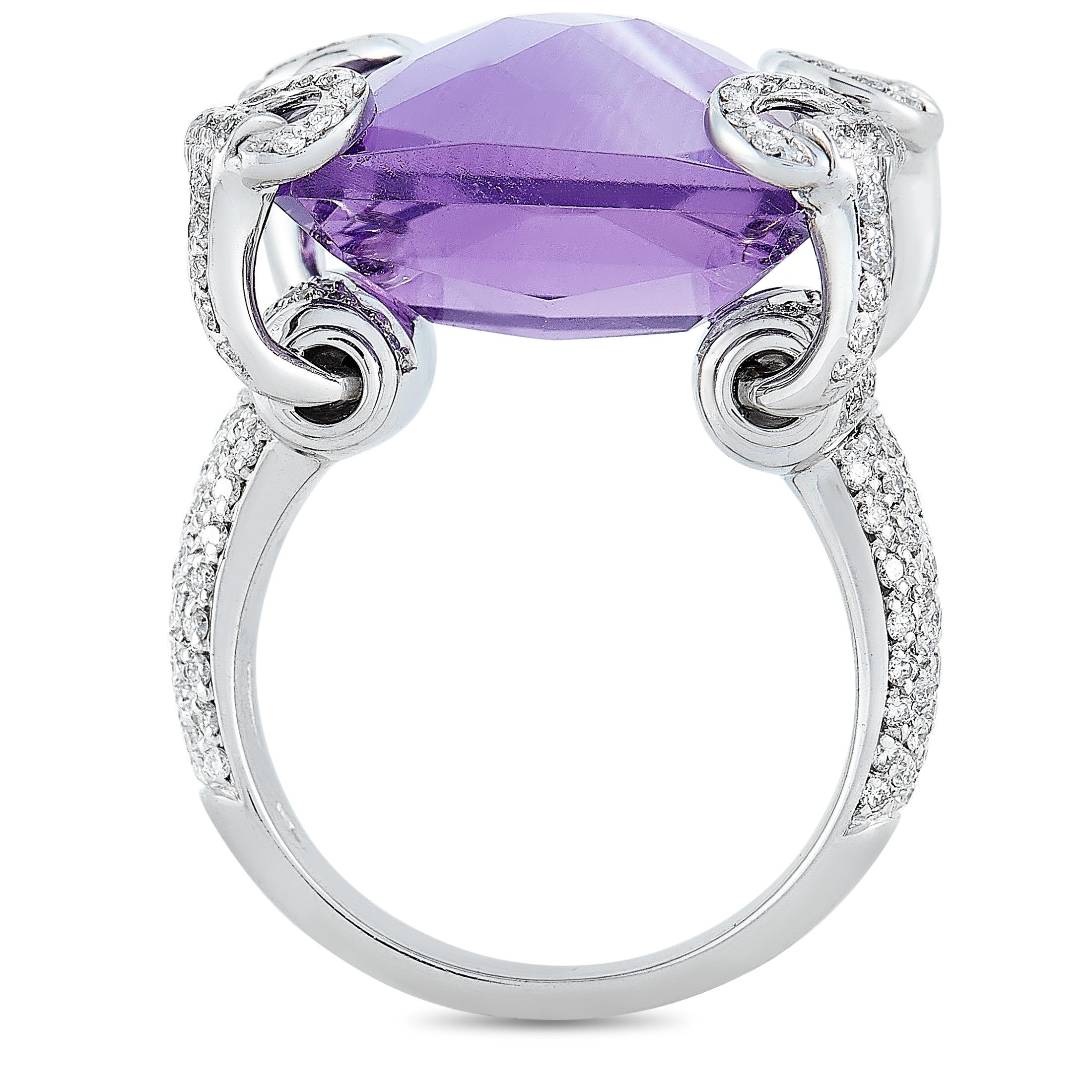 The Gucci “Horsebit” ring is made of 18K white gold and embellished with a 21.00 ct amethyst and a total of 1.47 carats of diamonds. The ring weighs 11.9 grams and boasts band thickness of 4 mm and top height of 10 mm, while top dimensions measure