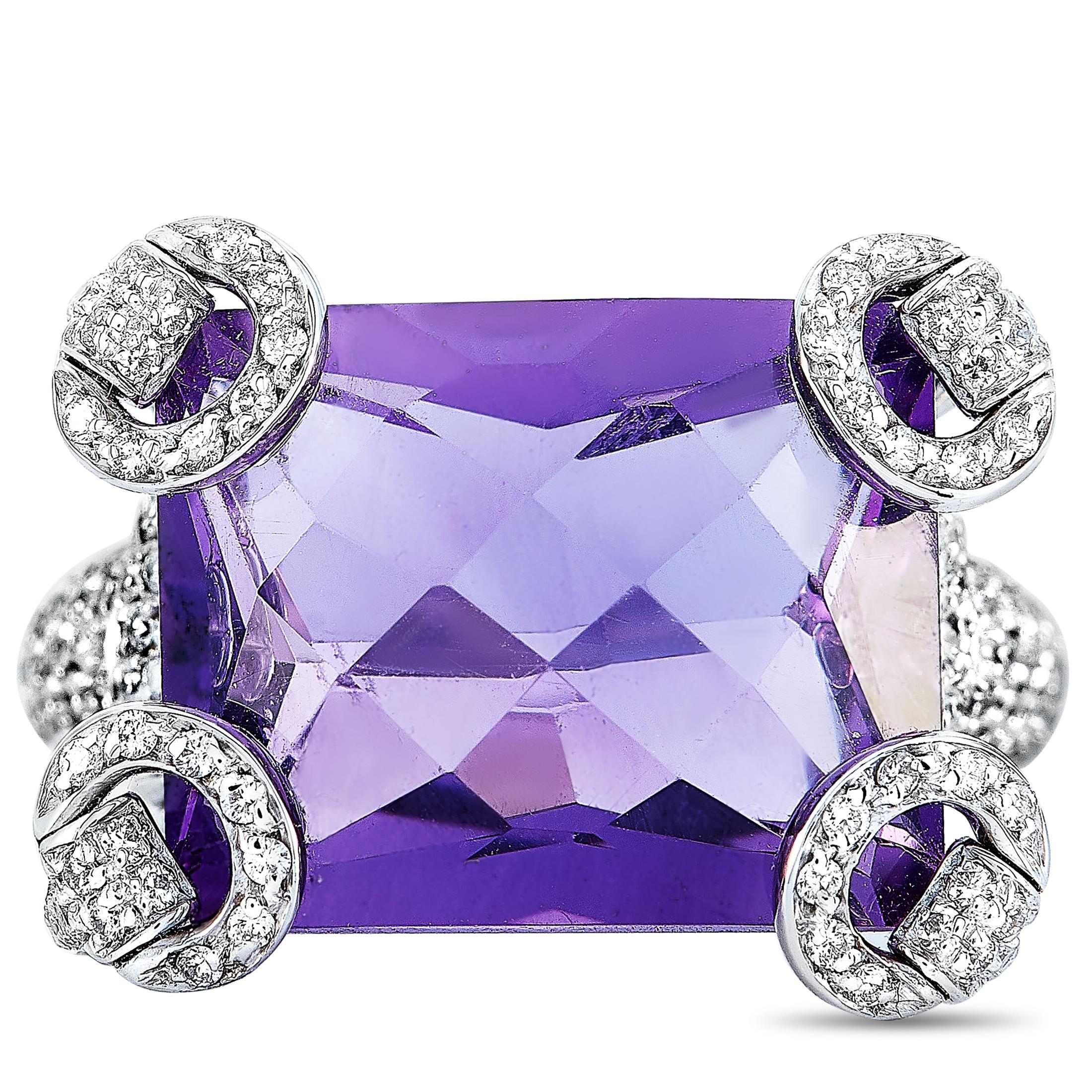 Gucci Horsebit 18 Karat White Gold 1.47 Carat Diamond and Amethyst Cocktail Ring In Excellent Condition In Southampton, PA