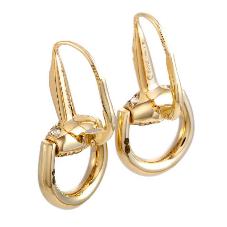 Gucci Horsebit 18 Karat Yellow Gold Brown Diamond Earrings at 1stDibs