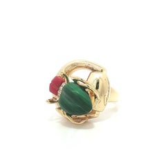 Gucci Horsebit 18k Yellow Gold Malachite Coral & Diamond Beetle Ring