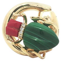 Gucci Horsebit 18k Yellow Gold Malachite Coral & Diamond Beetle Ring